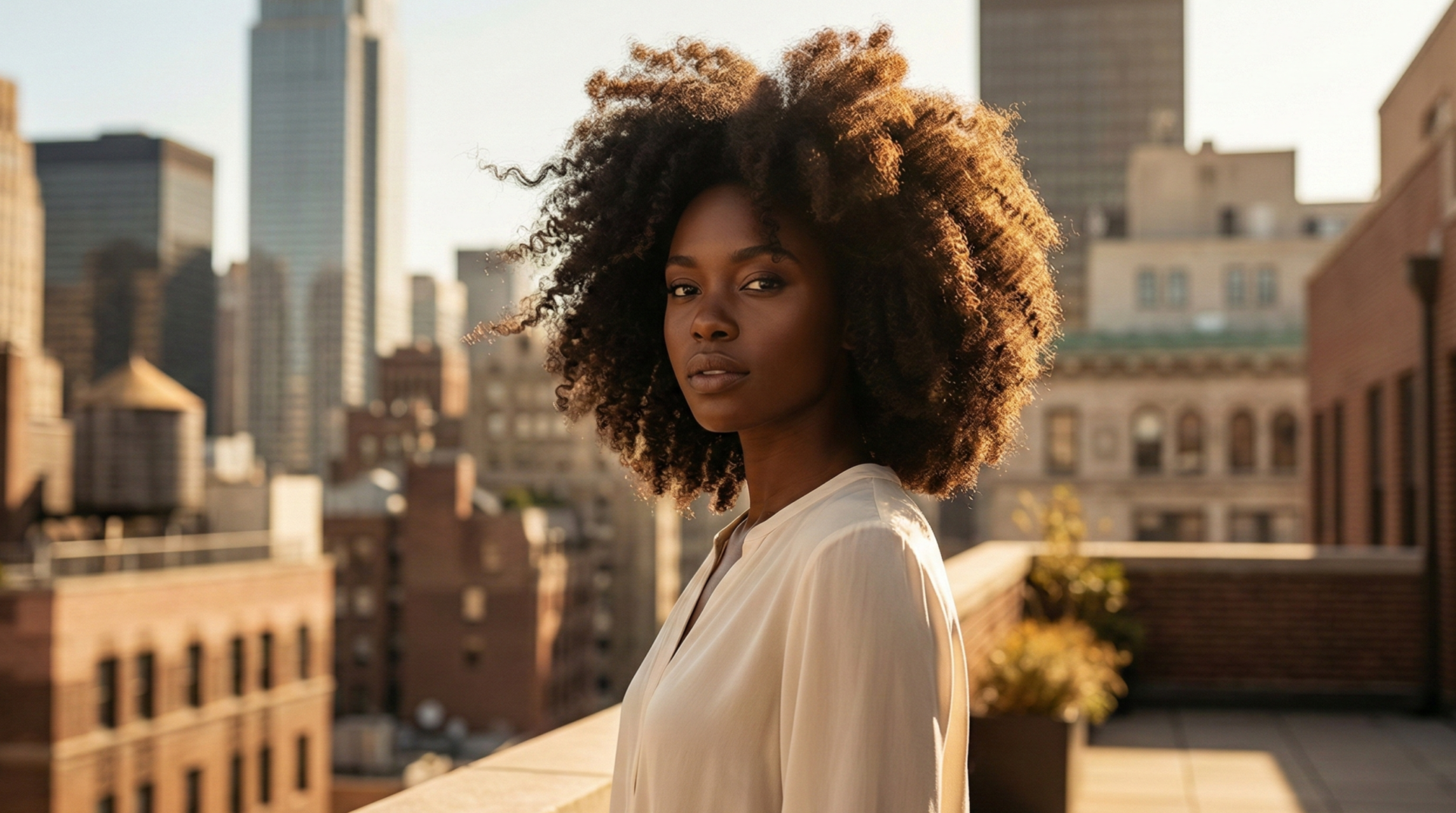 A cinematic landscape-oriented hero image in premium editorial style: a confident Black woman in her late twenties with a voluminous, healthy 4C natural afro glowing under golden-hour sunlight on a sun-drenched urban rooftop terrace overlooking a bustling city skyline, her gaze steady and empowered as she faces the camera, soft breeze lifting a few strands of her textured hair, wearing a simple flowing cream blouse that complements rich deep-brown skin tones, warm earthy color palette of golds, terracotta, and chocolate browns with high-contrast side lighting that highlights every curl and coil, shallow depth of field, shot like a high-end Essence or Vogue feature, luxurious yet intimate mood of self-discovery and cultural pride.