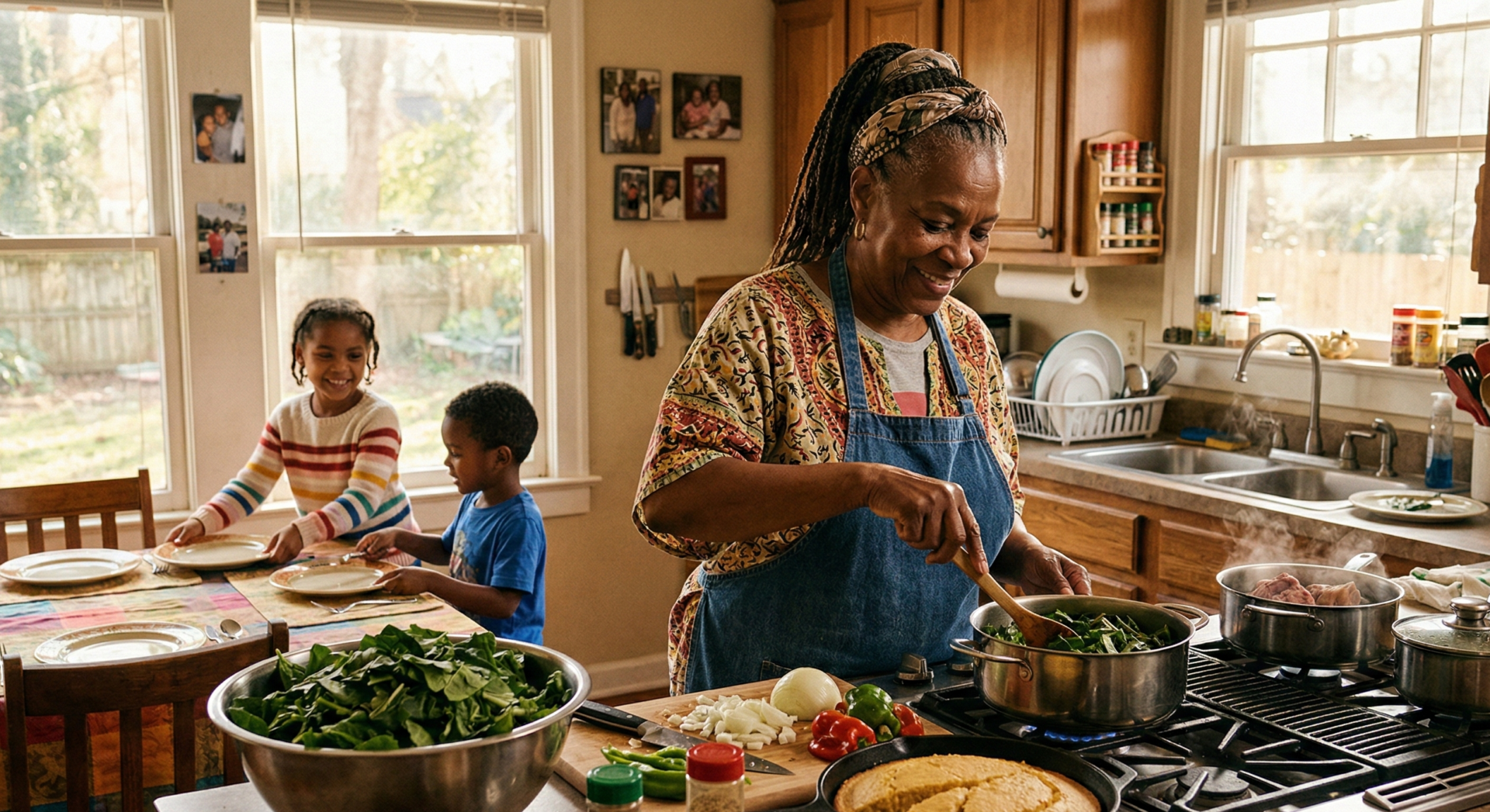 A Black grandmother in her 60s in a sunny kitchen, carefully preparing a large family meal with fresh greens and cornbread on the counter. She has a focused, loving expression while two young grandchildren help by setting the table. Natural daylight streams in, creating a warm inviting atmosphere. Lifestyle scene showcasing multigenerational care, realistic documentary photography, rich colors, heartfelt and authentic.
