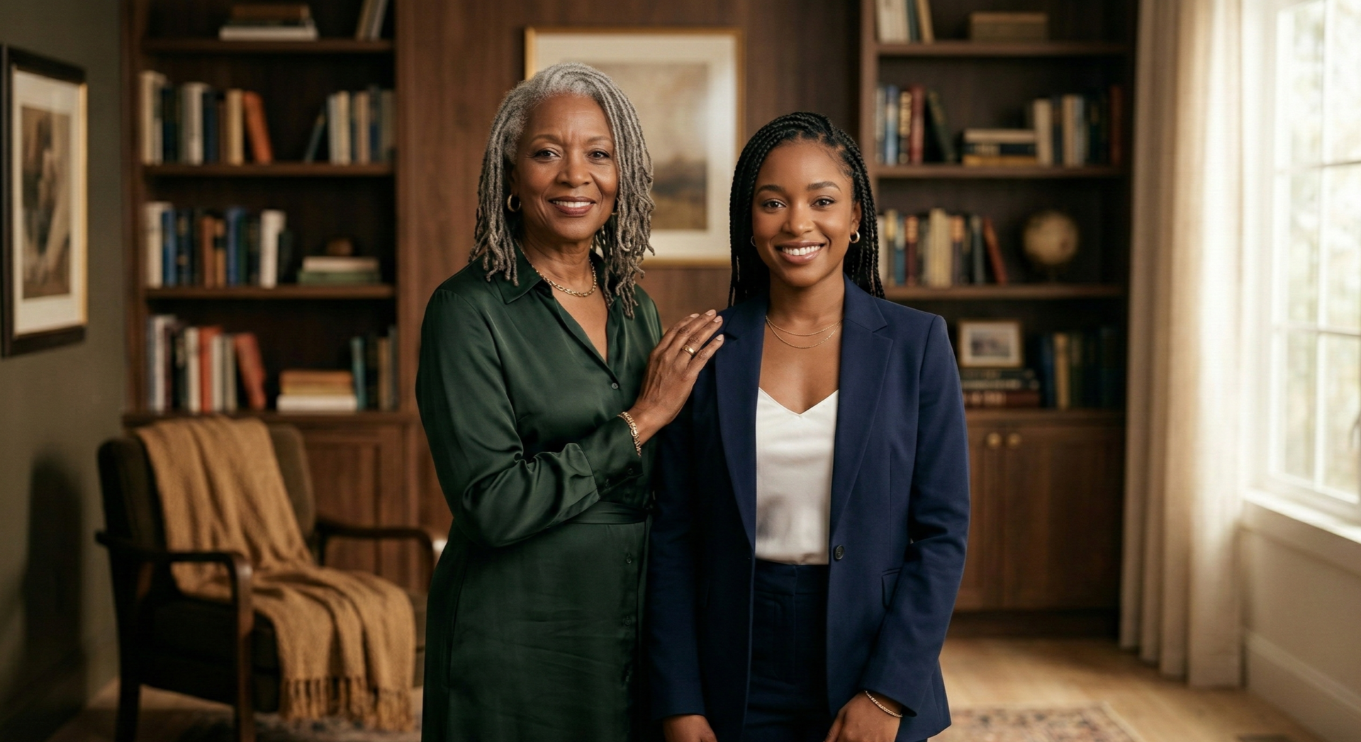 Elegant studio-style portrait of a proud Black grandmother standing beside her adult granddaughter (late 20s, professional attire) in a beautiful home setting. The grandmother has her hand on her granddaughter’s shoulder, both looking forward with confidence and connection. Soft studio lighting with a warm glow, symbolizing passed-down wisdom and ambition. High-end editorial style, empowering and sophisticated mood, earthy and luxurious tones.