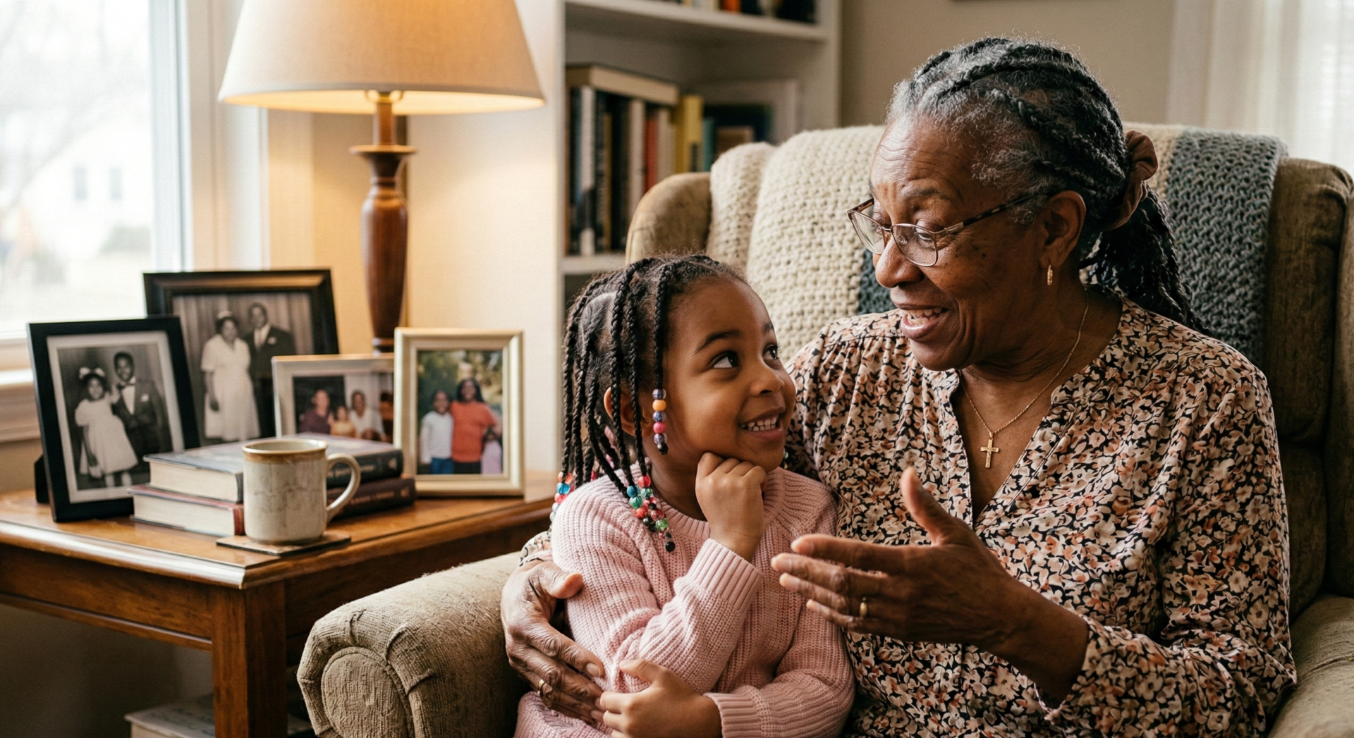 Intimate close-up portrait of an elderly Black grandmother sitting in a cozy armchair in a warmly lit living room, animatedly telling a story to her young granddaughter who listens with wide eyes. Soft natural window light illuminates their faces. Background subtly shows family photos and books on a side table. Heartwarming generational storytelling moment, cinematic warm tones, soft focus background, premium cultural documentary style.
