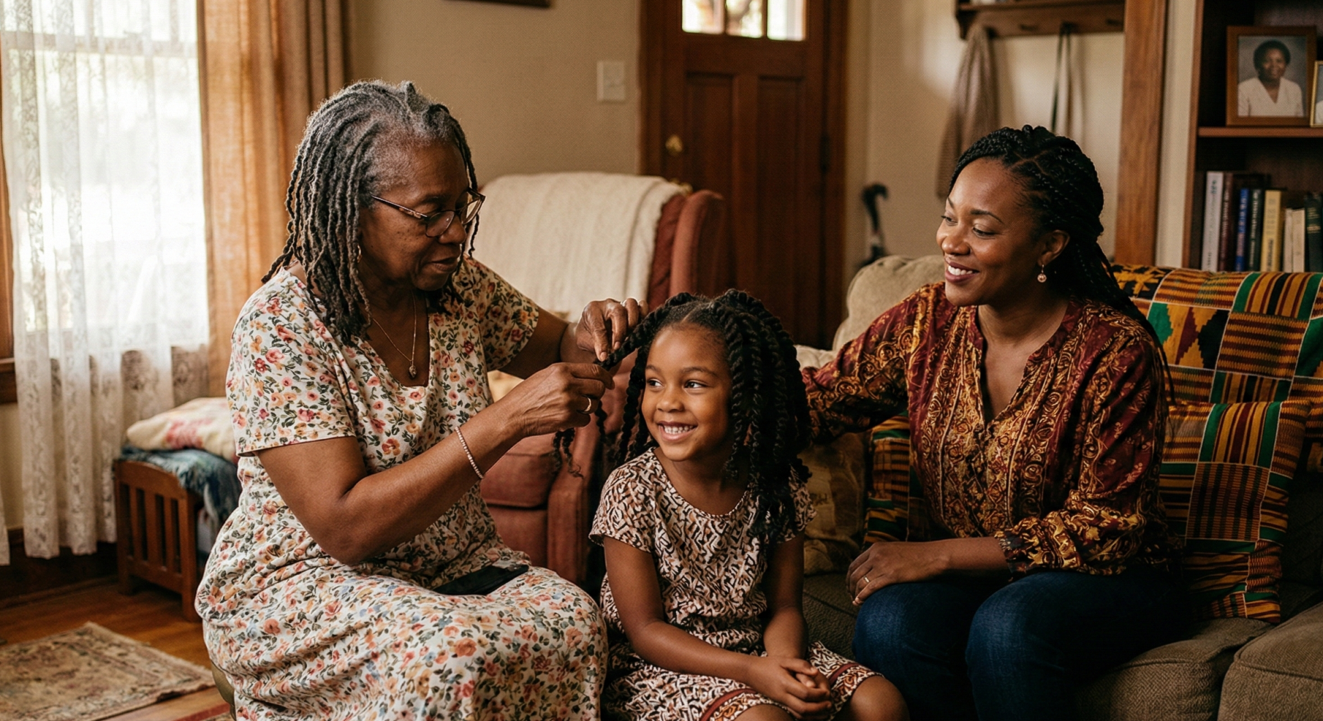 Intimate medium shot of three generations of Black women in a warmly lit family living room: grandmother gently parting and braiding a young girl's fresh natural twists while the mother watches with a knowing smile, soft afternoon light streaming through lace curtains onto patterned kente-inspired throw pillows and wooden furniture, focus on loving hands working through thick coily hair, documentary-style warmth with rich amber and mahogany tones, heartfelt intergenerational connection and cultural transmission.