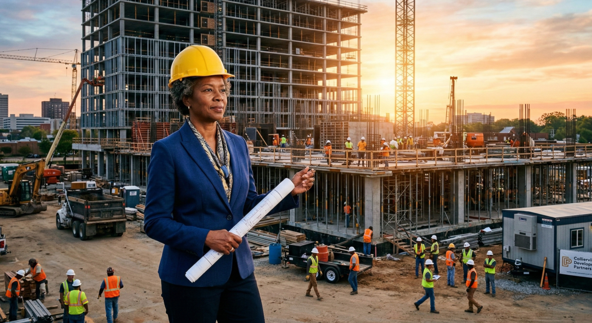 A wide documentary-style shot of a confident mid-50s Black woman architect wearing a yellow hard hat and tailored blazer standing at a bustling urban construction site at sunrise, modern high-rise building framework rising behind her with cranes and diverse crew members at work, soft morning light casting a hopeful glow, rich blues and oranges, sense of vision and progress.