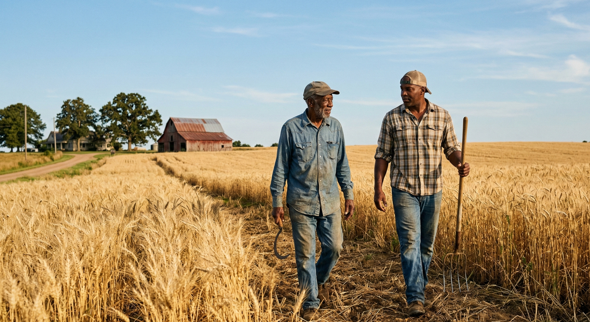 An intimate realistic photograph of an elderly Black farmer and his grown son walking side-by-side through tall golden wheat fields at harvest under a clear blue sky, both in simple work shirts and jeans carrying hand tools, an old red barn visible in the distance, warm natural sunlight highlighting the soil and crops, feeling of rooted heritage and quiet resilience.