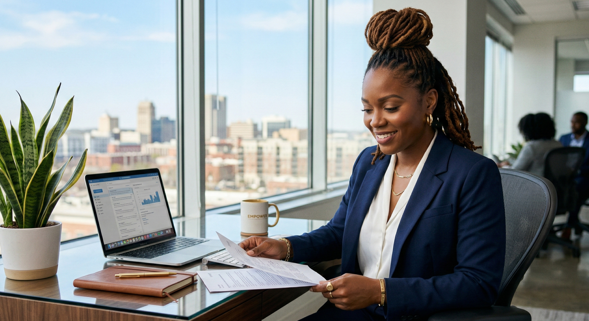Close-up studio portrait of a professional Black woman in her thirties with shoulder-length locs styled in a polished high bun, seated confidently at a sleek modern desk in a bright sunlit office with city-view windows, reviewing papers beside a laptop and potted snake plant, natural daylight creating soft highlights on her hair texture and tailored blazer, cool professional tones with empowering gold accents, sharp editorial photography evoking ambition and unapologetic presence in corporate spaces.
