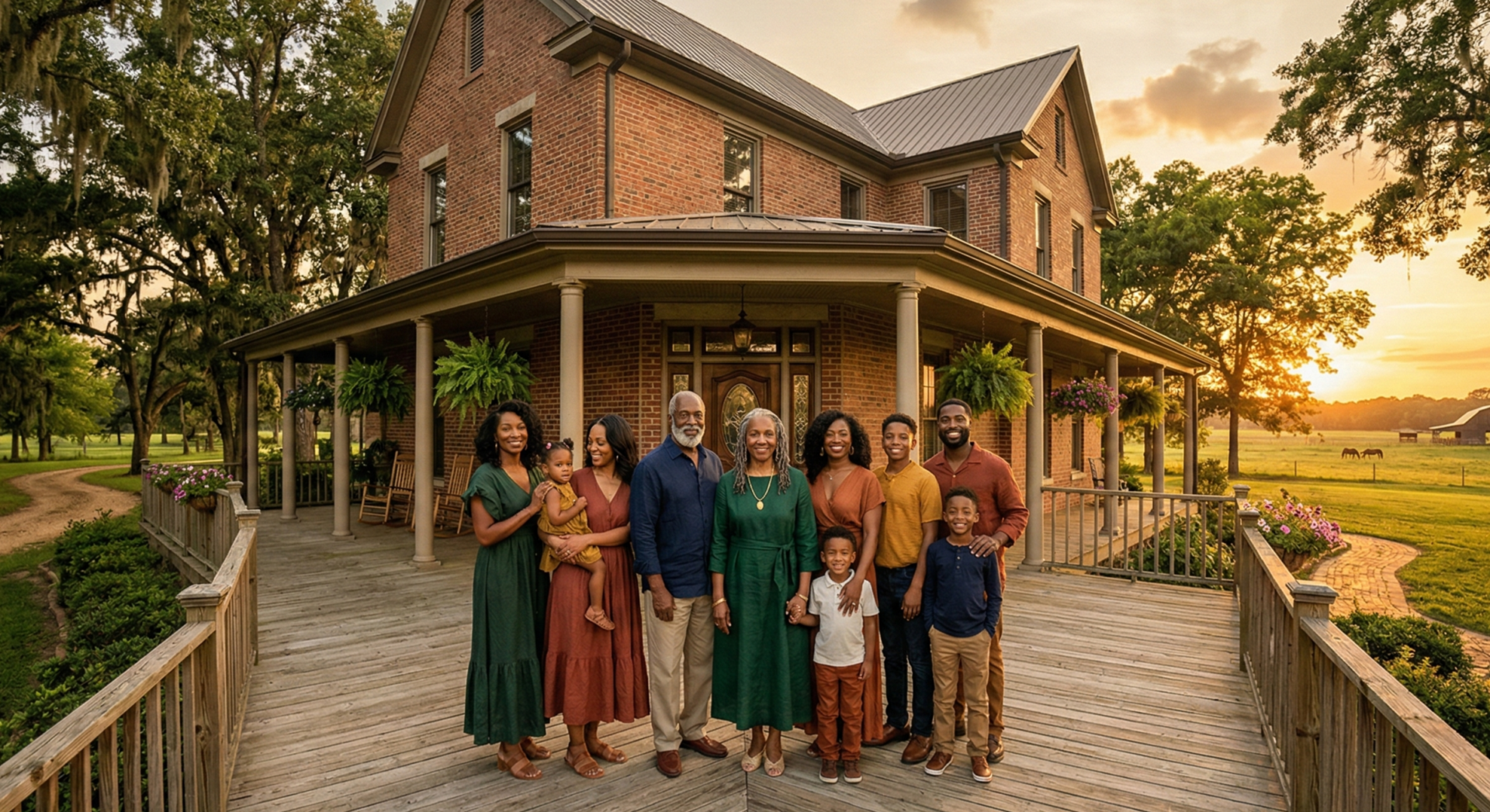 A premium cinematic landscape photograph at golden hour of a proud multi-generational Black family standing together on the wide wooden porch of a beautifully restored two-story brick home surrounded by mature oak trees and rolling green fields, warm amber sunlight bathing the scene with long dramatic shadows, the family dressed in elegant contemporary clothing with subtle heirloom touches, expressions of quiet strength and unity, deep earthy tones mixed with golden highlights, shallow depth of field, editorial photography style evoking timeless legacy and aspiration.
