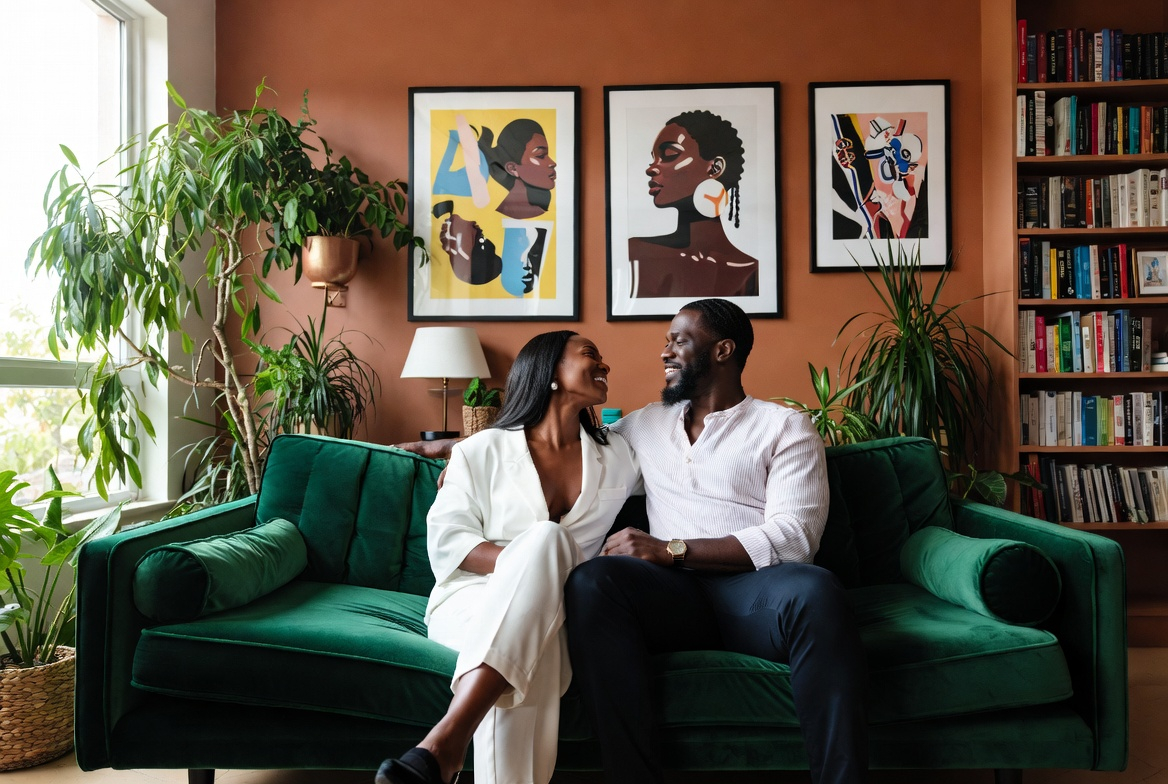 A cinematic, wide-angle photograph taken late afternoon. A stylish Black couple, perhaps 30s-40s, sits together on a deep emerald green velvet sofa. The husband rests an arm on her shoulder, they are laughing softly. Their home is filled with warmth: natural light streams from a large window on the left, illuminating thriving houseplants, abstract art by Black artists on a warm terracotta wall, and shelves packed with books. The overall feeling is comfortable, expensive but lived-in, and deeply relaxed. The mood is rich, soulful, and intimate, completely text-free.