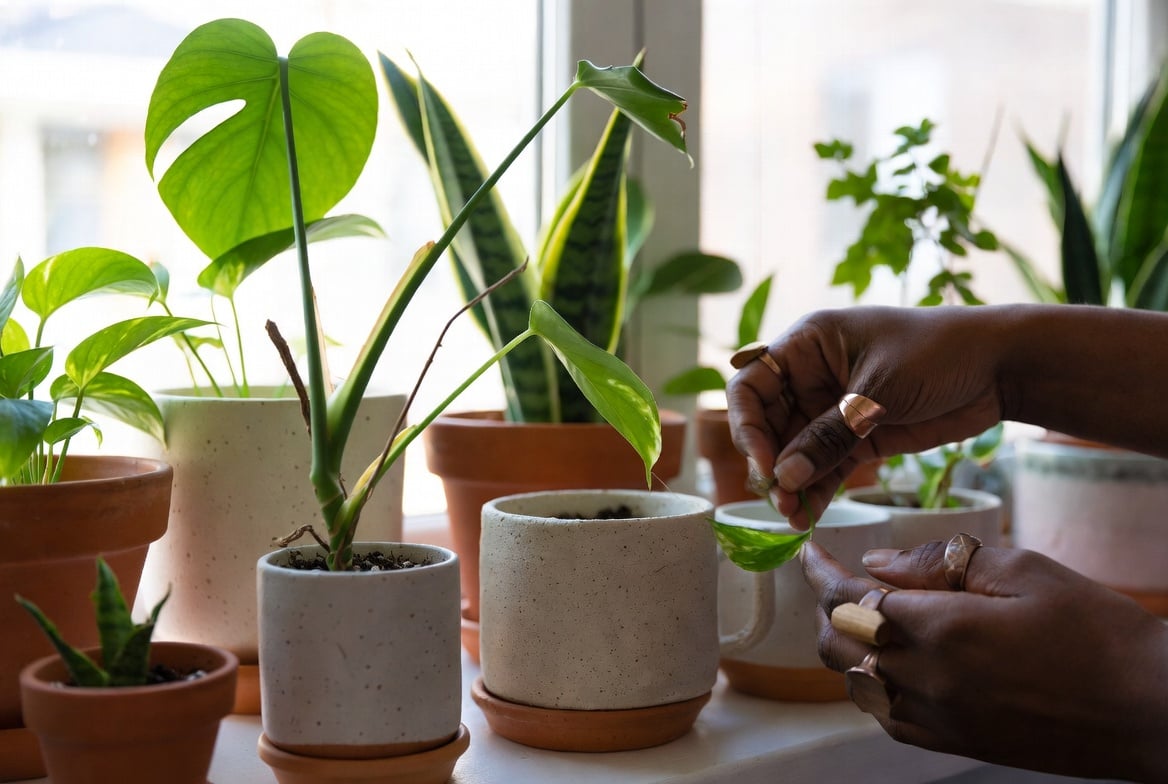 Cultivating Green: A close-up, documentary-style photograph of a sun-drenched windowsill garden. A collection of diverse ceramic planters, some handmade, hold resilient plants like a Monstera, Snake Plant, and Pothos. Hands with rings made of natural materials (wood, copper) are gently pruning a leaf. The focus is sharp on the leaves and ceramic textures, blurring into a quiet, cozy apartment background. The vibe is peaceful, nurturing, and connected.