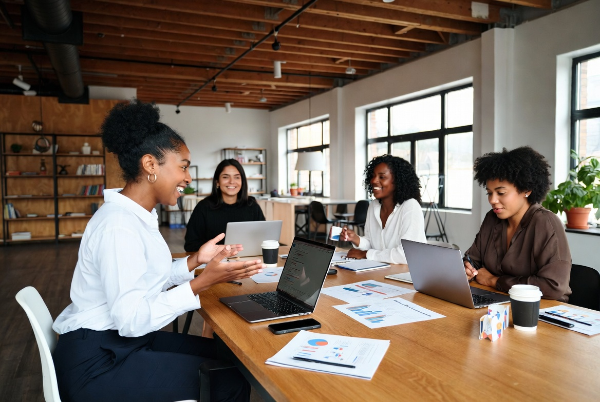 Vibrant scene in a modern bright co-working loft, four Black women of various ages collaborating energetically around a wooden conference table with laptops, charts, coffee cups and product prototypes, one gesturing animatedly while others smile and take notes, natural daylight streaming through large windows, warm empowering atmosphere, professional yet joyful, lifestyle editorial style with sharp focus and dynamic composition