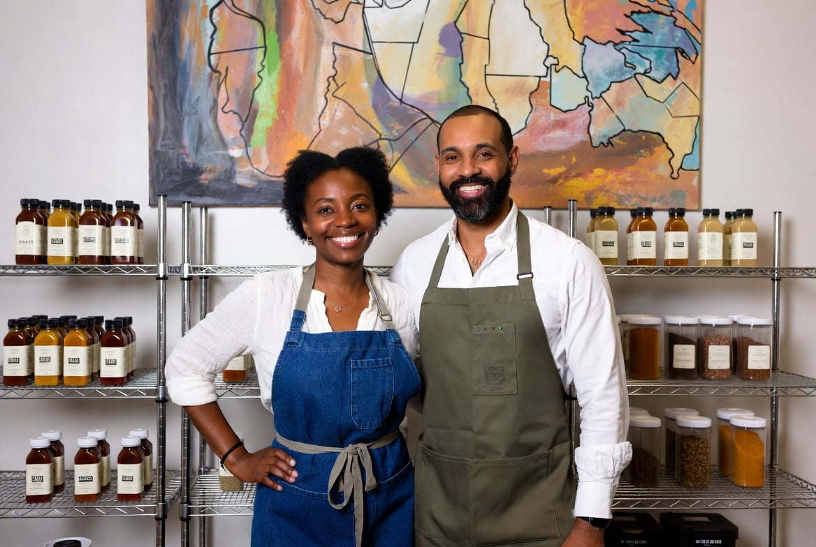 An editorial portrait of a young Black couple, perhaps 30s, standing confidently in their small-batch artisanal food production space. They are smiling warmly at the camera, wearing clean, stylish work aprons (one denim, one olive green). Behind them, sleek, modern stainless steel shelves hold neatly organized bottles of their sauce (branded but text is illegible) and containers of dried spices. The atmosphere is professional, ambitious, yet deeply connected. They stand in front of a wall with a large, abstract canvas painting featuring warm, earthy color palettes and geometric, almost map-like patterns. This is the new legacy, building a brand on ancestral roots. (Studio lighting, vibrant and clean colors, mid-shot)