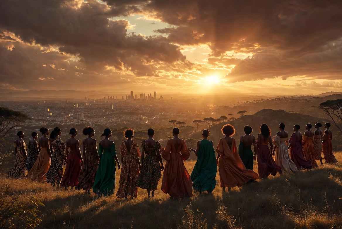 Cinematic landscape-oriented hero image of a powerful group of Black women representing different generations and shades of skin, standing in a strong unified formation on a grassy hill at golden hour sunset, arms linked or hands gently touching shoulders, facing forward with confident expressions, wearing a blend of contemporary elegant fashion and subtle African print accents that flow naturally, background shows a sprawling vibrant city skyline merging into ancestral savanna elements in the distance, dramatic volumetric lighting with warm golden rays, rich color palette of deep browns, golds, terracotta, and vibrant emerald accents, premium editorial photography style with shallow depth of field, sense of resilience, unity, and forward momentum, highly detailed, photorealistic yet artistic.