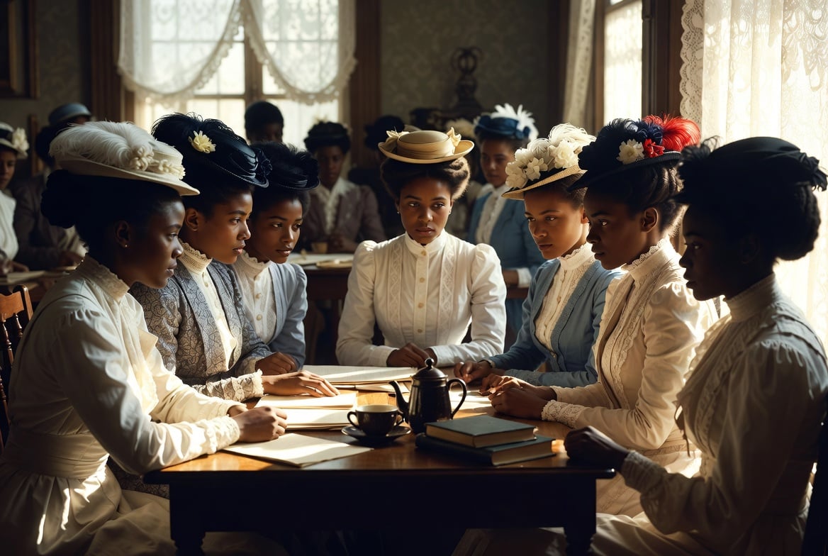 Historical Legacy: Documentary-style photograph of a group of early 1900s Black women in formal Edwardian-era dresses and hats, gathered intently around a large wooden table covered with papers, books, and tea in a sunlit historic parlor with lace curtains, soft diffused natural light creating warm tones, expressions of focus and solidarity, evoking the club movement era, realistic historical recreation with rich textures and authentic details.