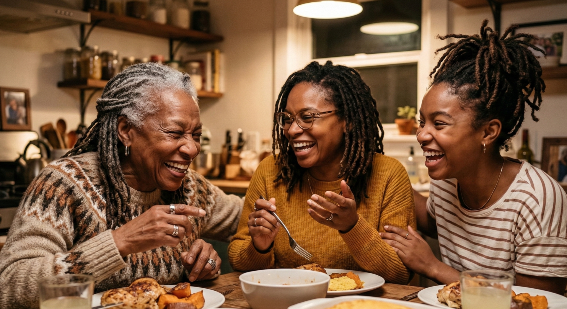 Culture angle: A close-up group of three multigenerational Black family members sharing a laugh around a kitchen table during a Sunday dinner, warm indoor lighting, hands gesturing animatedly, evoking community connection and joy without pressure.