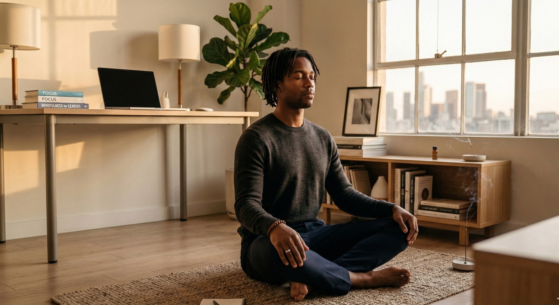 Business/lifestyle angle: A stylish Black man in business casual attire sitting cross-legged on a minimalist home office floor during meditation, soft natural window light, laptop closed nearby, conveying focused calm and intentional rest amid ambition.