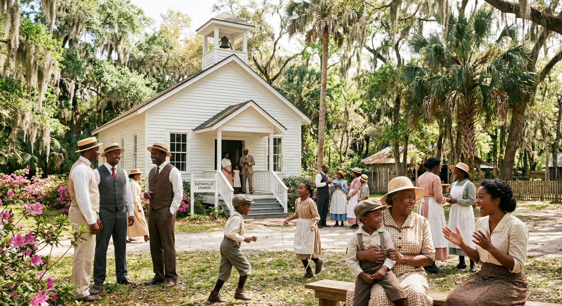 Lively outdoor community scene in a historic Black town like Eatonville, Florida. Group of Black adults and children in early 1900s attire gathered near a white wooden church or schoolhouse, some laughing and talking, children playing, lush Southern foliage and trees in background. Bright sunny day with dappled light, sense of joy, family, and cultural pride. Naturalistic photographic style, vibrant yet sophisticated color palette, intimate yet expansive framing.