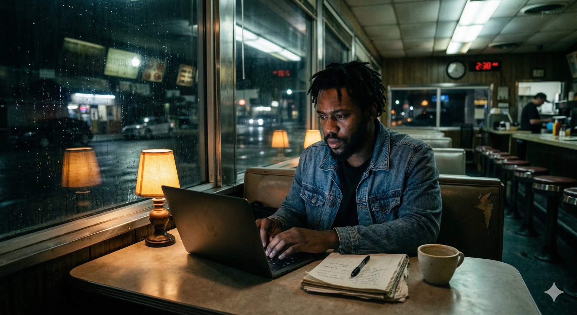 A documentary-style medium shot inside a bustling, community-focused incubator or collaborative co-working space, specifically designed for underrepresented founders. The image focuses on two young Black men in casual-professional attire (one wearing an African-print jacket, the other a plain hoodie), deeply engrossed in discussion over a blueprint and a large white notepad covered in diagrams and scribbled financial projections. They are sitting at a communal table littered with coffee cups, architectural models, and various tech. The surrounding background, slightly blurred, shows a diverse group of other people working together, creating an atmosphere of shared ambition, innovation, and mutual support within a collaborative hub. The lighting is warm and natural, suggesting a focused afternoon of creation and strategic planning.