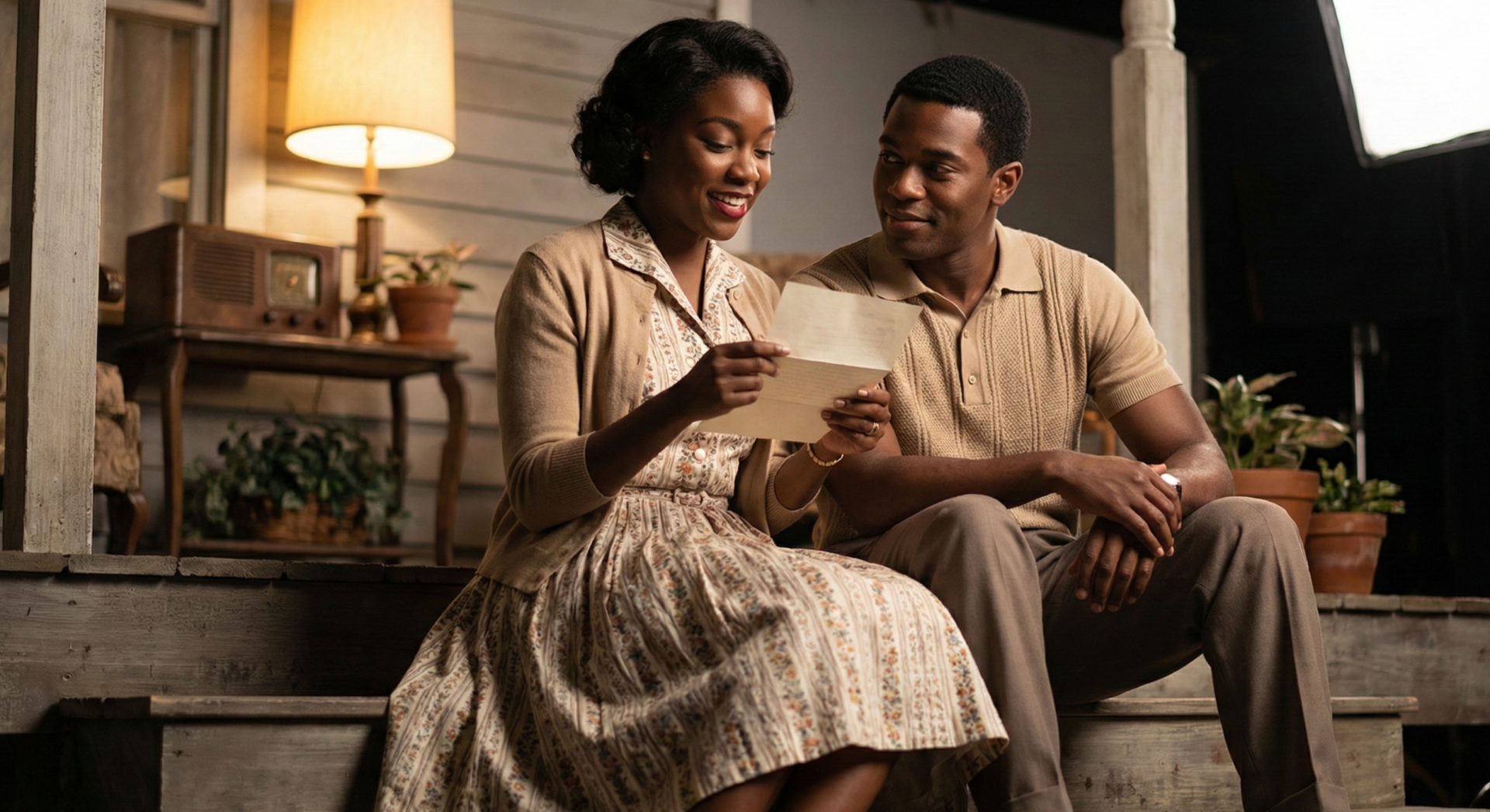 Behind-the-scenes/personal angle: Studio-lit portrait of a young Black couple in 1950s attire sitting side by side on a porch step, the woman reading a letter aloud while the man gazes at her with soft smile, vintage clothing and warm lamp glow, intimate framing from low angle to capture emotion and connection, soft focus on faces with rich skin tones.