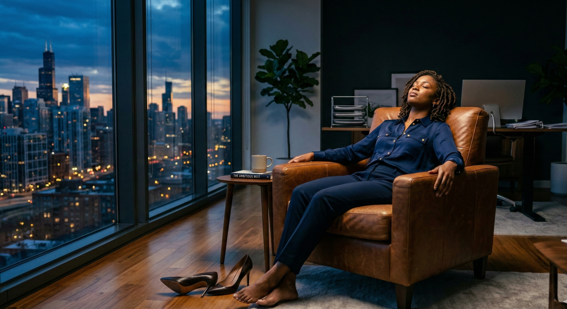 Studio-lit medium shot of a young ambitious Black woman in tailored navy blouse and slacks, kicking off her heels and sinking into a luxurious leather armchair in a sleek high-rise office after hours, head tilted back with eyes softly closed in unapologetic rest. Dramatic window light from city skyline at dusk, cool blue tones contrasting warm skin, empowering and defiant mood with clean modern composition.
