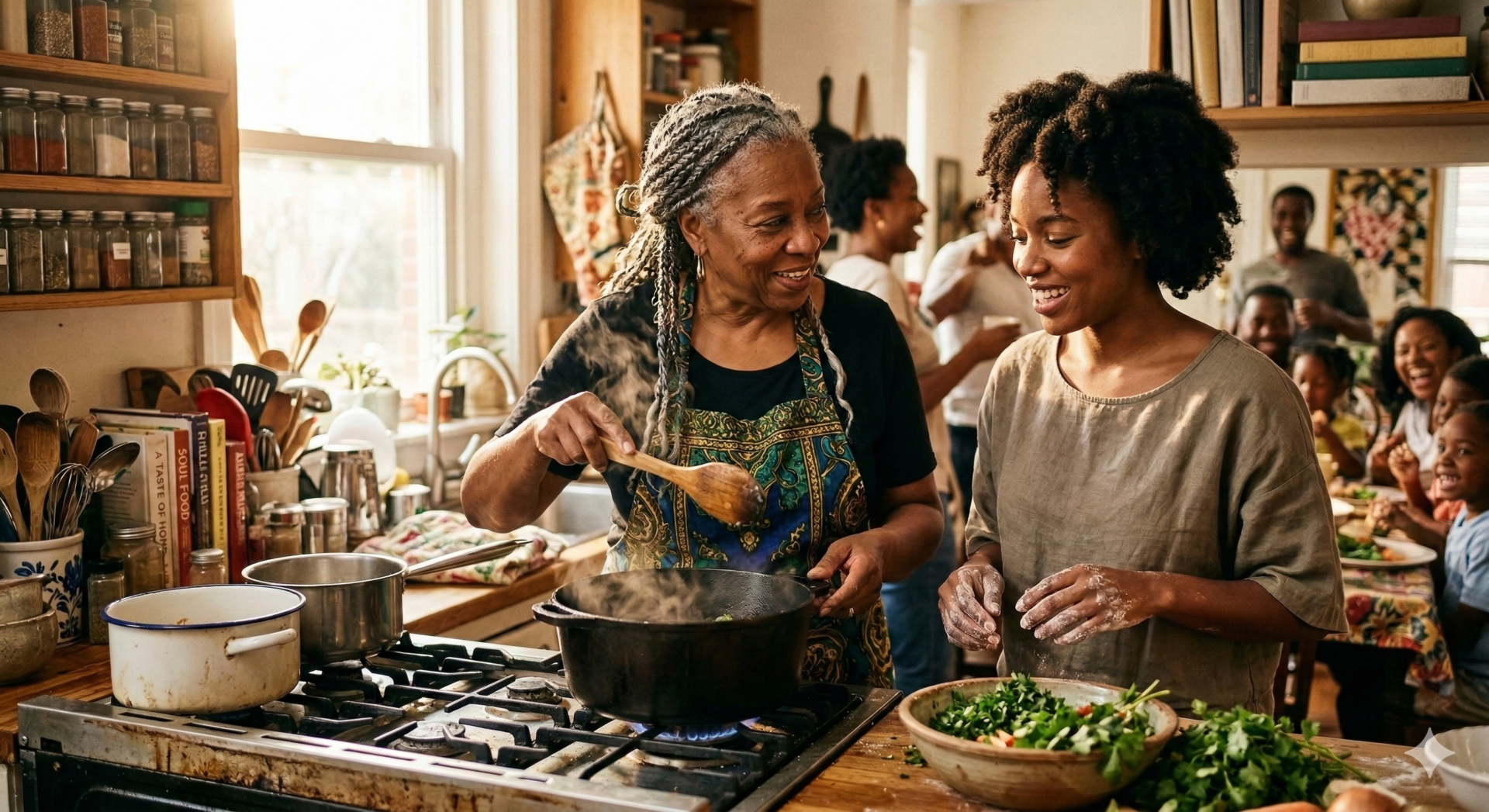 A vibrant, candid photograph capturing four Black women, friends and family (ranging in age from 20s to 50s), seated around a large outdoor wooden table at twilight. They are laughing naturally and sharing a communal meal, with plates of diverse, colorful, home-cooked food visible. Strings of warm bistro lights are crisscrossed overhead, casting a cozy, golden glow. Each woman is holding a small, decorative ceramic bowl—perhaps passing the final 'secret' ingredient from a recipe. The focus is on their shared joy, connection, and the tactile experience of the food. Background is softly blurred with lush greenery and people socializing nearby. (Documentary style, warm ambient light, engaging motion)