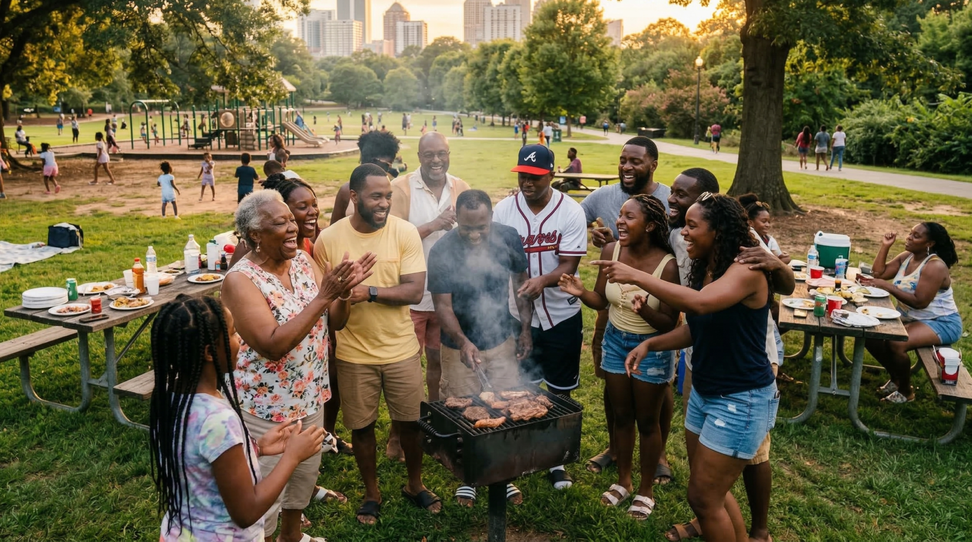 A landscape-oriented, wide-angle cinematic shot capturing a spontaneous summer gathering in a city park in Atlanta. In the mid-ground, a diverse group of about twelve Black people of varying ages are crowded around a grill and picnic tables, captured mid-laugh. The camera angle is slightly elevated, looking down, emphasizing community connectivity. The setting is vibrant: lush green grass, sunlight filtering through mature oak trees, creating dappled shadows. The mood is nostalgic, warm, and communal. The subjects are engaged—people are clapping hands, hugging, pointing while laughing. The background features a soft bokeh of children playing and distant city skyline. The lighting is golden hour, casting a rich, warm glow that enhances the celebratory, safe atmosphere of a community space owned by joy.