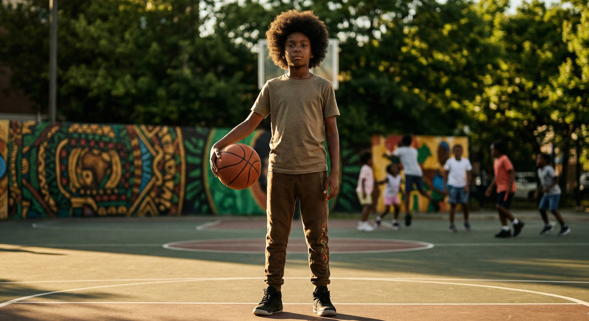 Cinematic landscape shot at golden hour of a confident 10-year-old Black boy with a full natural afro, wearing a simple graphic tee and joggers with subtle cultural embroidery, standing tall and relaxed on a sun-drenched urban basketball court in a vibrant Black neighborhood, body language open and powerful as he holds a basketball mid-dribble, blurred background of colorful community murals featuring African patterns, distant joyful figures of other kids playing freely, lush green trees and warm sunlight casting long empowering shadows, rich earthy tones of deep browns, golds, and vibrant greens, premium editorial photography style blending National Geographic realism with Essence magazine warmth, sense of unapologetic freedom and pride, high resolution, no text, no logos, no watermarks.