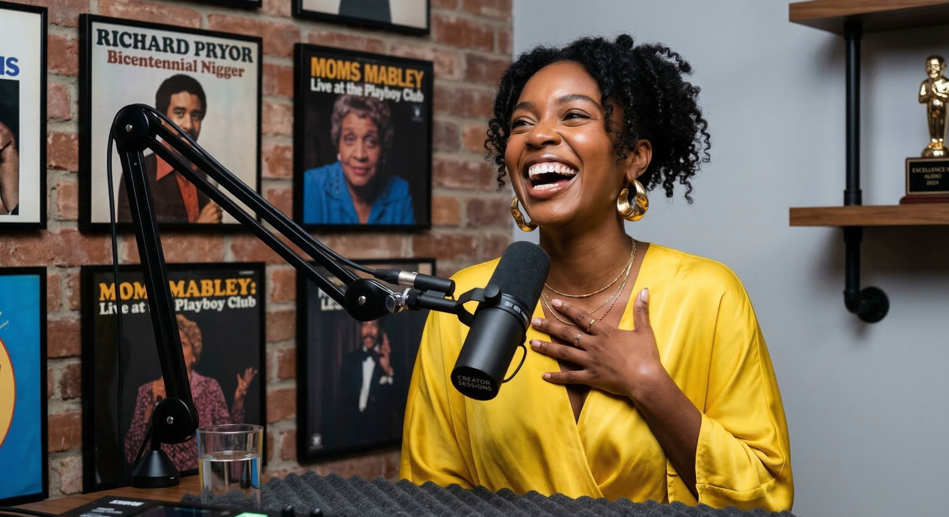 A premium, studio-style medium shot of a young Black woman, perhaps in her mid-20s, who is clearly a content creator or comic. She is standing behind a modern podcast microphone, her head thrown back in genuine, unscripted laughter, her hand touching her chest. She is wearing a vibrant, contemporary yellow silk top and large, sculptural gold hoops. The environment is sophisticated: a softly blurred backdrop of an exposed brick wall adorned with framed album covers of classic Black comedians (like Richard Pryor and Moms Mabley) and a shelf with a prestigious award. The lighting is flattering and cool, emphasizing rich skin texture and crisp focus. The camera is slightly elevated, capturing her energy and the authentic moment of finding humor in her own narrative. The tone is successful, creative, and joyful.