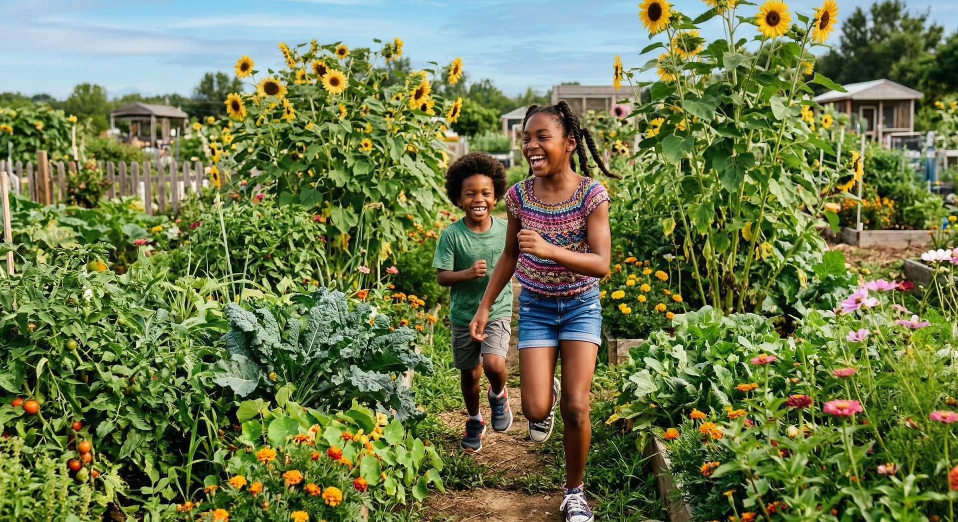 A vibrant, candid outdoor photograph. Two young Black siblings, a boy and a girl around seven and ten years old, are laughing openly while running through a community garden patch. They are surrounded by lush green vegetables and bright sunflowers. The image is full of movement and light, capturing a sense of unfiltered freedom and belonging. This visual reinforces that joy is an essential component of the racial dialogue framework. (Shot on Canon EOS R5, 24mm, bright daylight).
