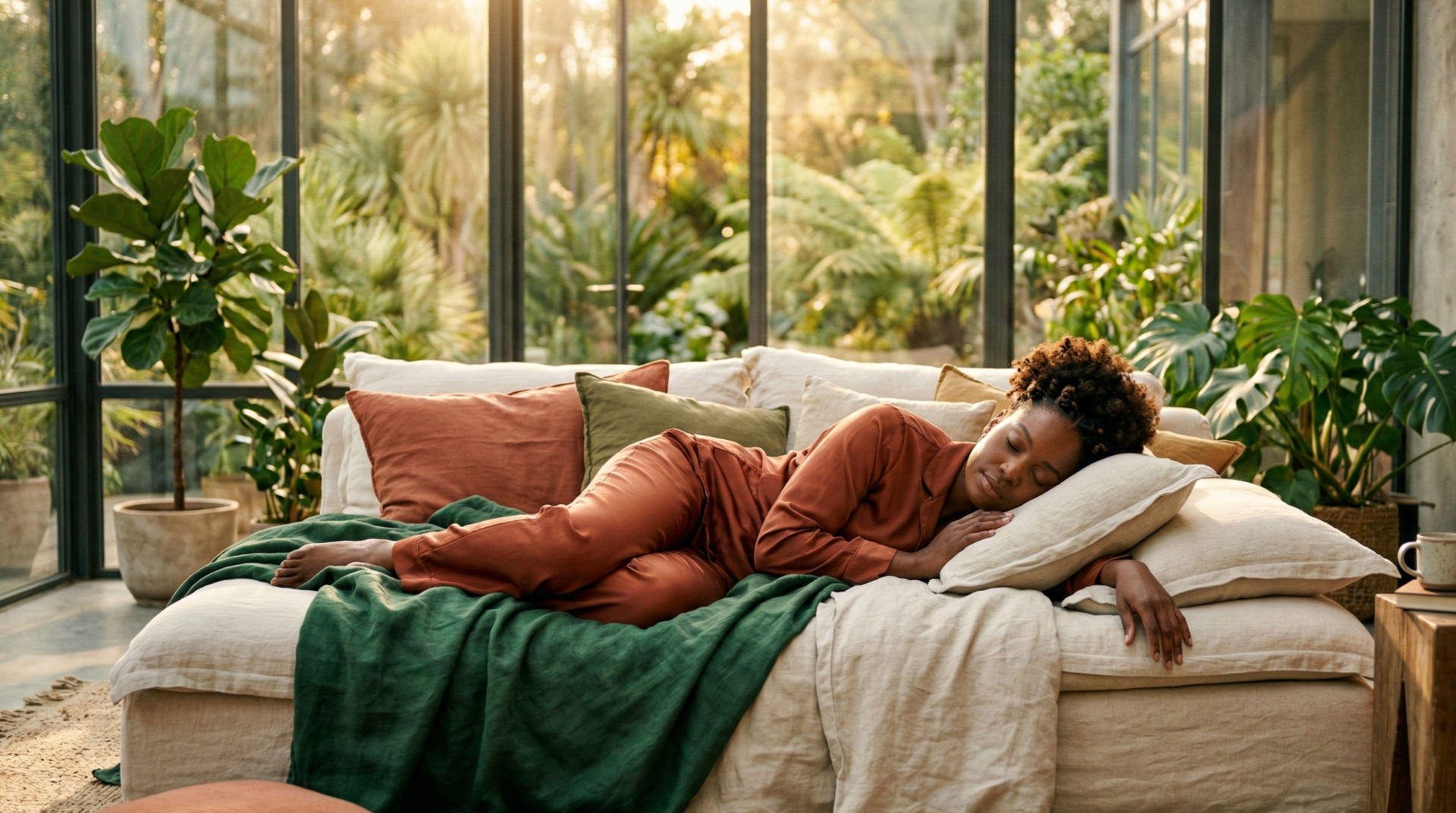 A cinematic landscape-oriented hero image featuring a poised Black woman with rich brown skin and natural textured hair, reclining gracefully in deep peaceful rest on an oversized cream linen daybed in a sun-drenched modern sunroom. Soft golden afternoon light filters through floor-to-ceiling windows revealing blurred lush greenery outside, casting warm amber glows across deep terracotta and emerald accents in the room. Her body relaxed yet regal, one arm draped elegantly, evoking quiet power and reclamation. Editorial photography style with shallow depth of field, rich tonal contrast, premium filmic quality like a high-end cultural magazine spread.