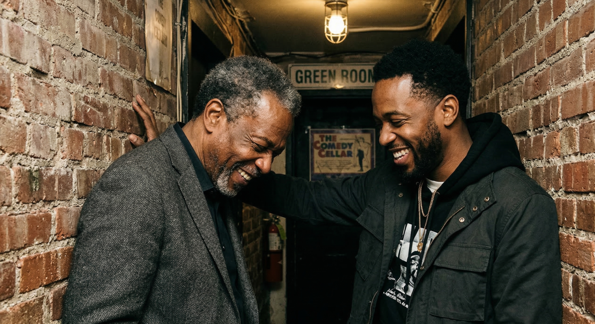 A documentary, candid, close-up shot captured in the narrow, dimly lit hallway of a historic comedy club just outside the green room. Two veteran Black male comedians, one older with graying hair and a tailored blazer, the other younger in modern streetwear, are leaning against a brick wall. They are caught in a private, intense moment of shared amusement, heads close, eyes crinkled in silent, inside-joke laughter. The camera angle is voyeuristic, as if glimpsing a secret brotherhood. The lighting is harsh but dramatic, coming from an overhead backstage lamp, casting deep shadows and highlighting the lines of experience and joy on their faces. The mood is intimate, authentic, and emphasizes the deep bonds and shared resilience within the comedic community.