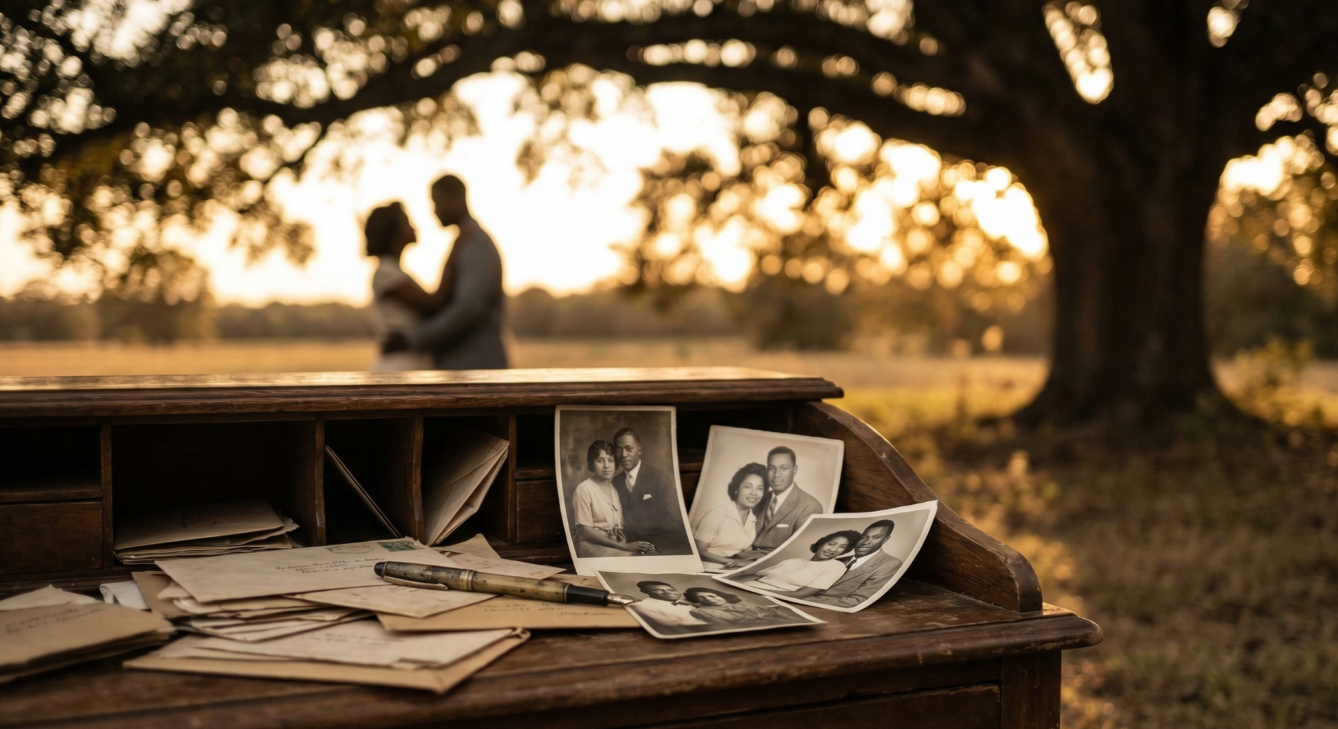A cinematic, warm-toned landscape shot at golden hour: a vintage wooden desk in soft focus foreground with scattered aged envelopes, fountain pen, and black-and-white photographs of Black couples from different eras gently overlapping; in the background, blurred silhouettes of a man and woman standing close under a large oak tree in a Southern field, warm sunlight filtering through leaves creating golden bokeh, evoking intimacy, history, and enduring tenderness; moody, documentary-style with rich sepia and deep browns, premium editorial feel like a high-end magazine hero image.