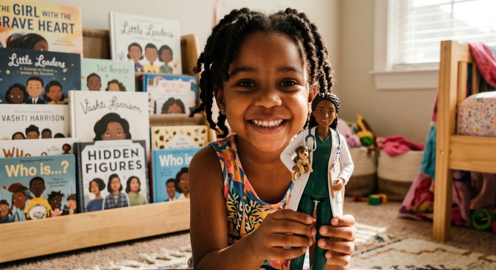 A close-up, premium documentary-style photograph in a sunlit child’s bedroom. An energetic five-year-old Black girl is sitting on a rug, proudly holding up a Black veterinarian action figure she is playing with. The camera focuses on the child’s joyful, focused expression and the details of the toy. The background shows bookshelves filled with diverse picture books, subtly emphasizing environment as education. The atmosphere is optimistic and celebratory. (Shot on Fujifilm GFX100s, 50mm, shallow depth of field).