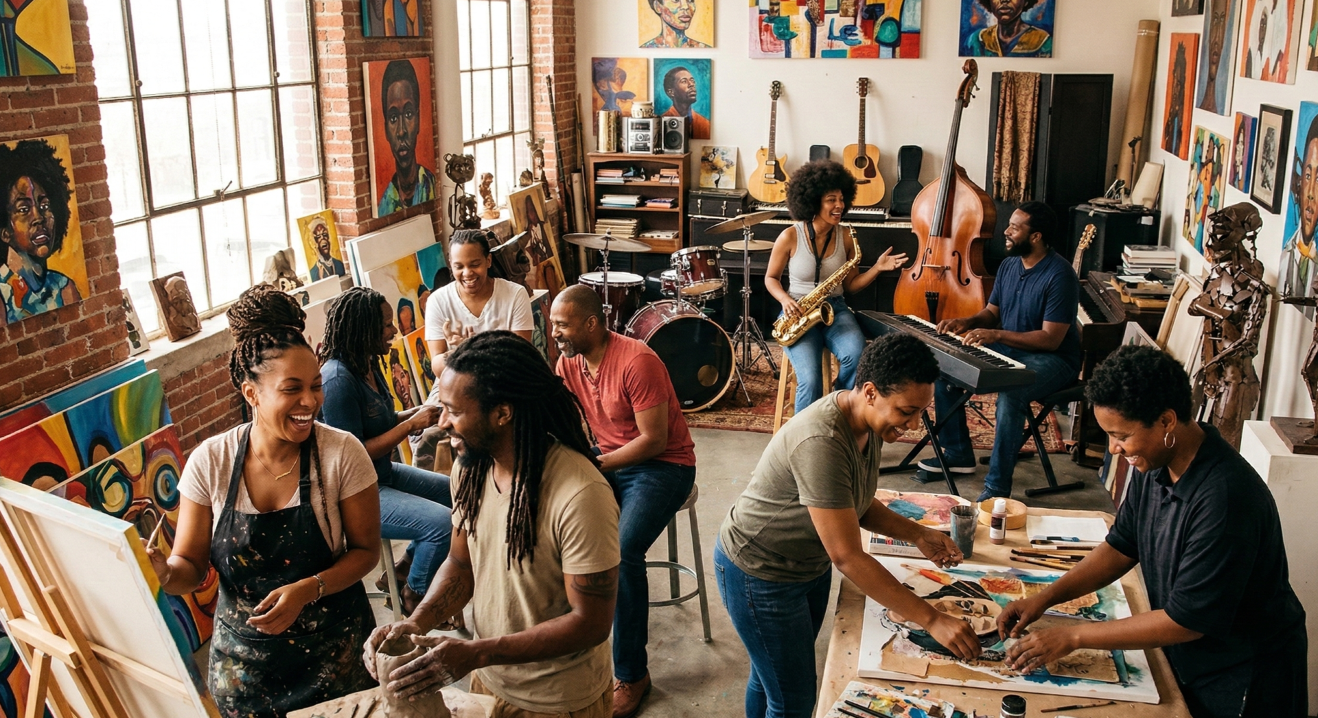 A vibrant cultural scene of a diverse group of Black artists collaborating in a sunlit studio filled with canvases, musical instruments, and sculptures, capturing a moment of creative synergy; the environment is warm and inviting with natural light streaming through large windows, highlighting joyful expressions and dynamic poses; camera framing is wide-angle to emphasize community and shared energy; lighting is soft and diffused for an uplifting tone; style is documentary, focusing on authentic interactions without staging.