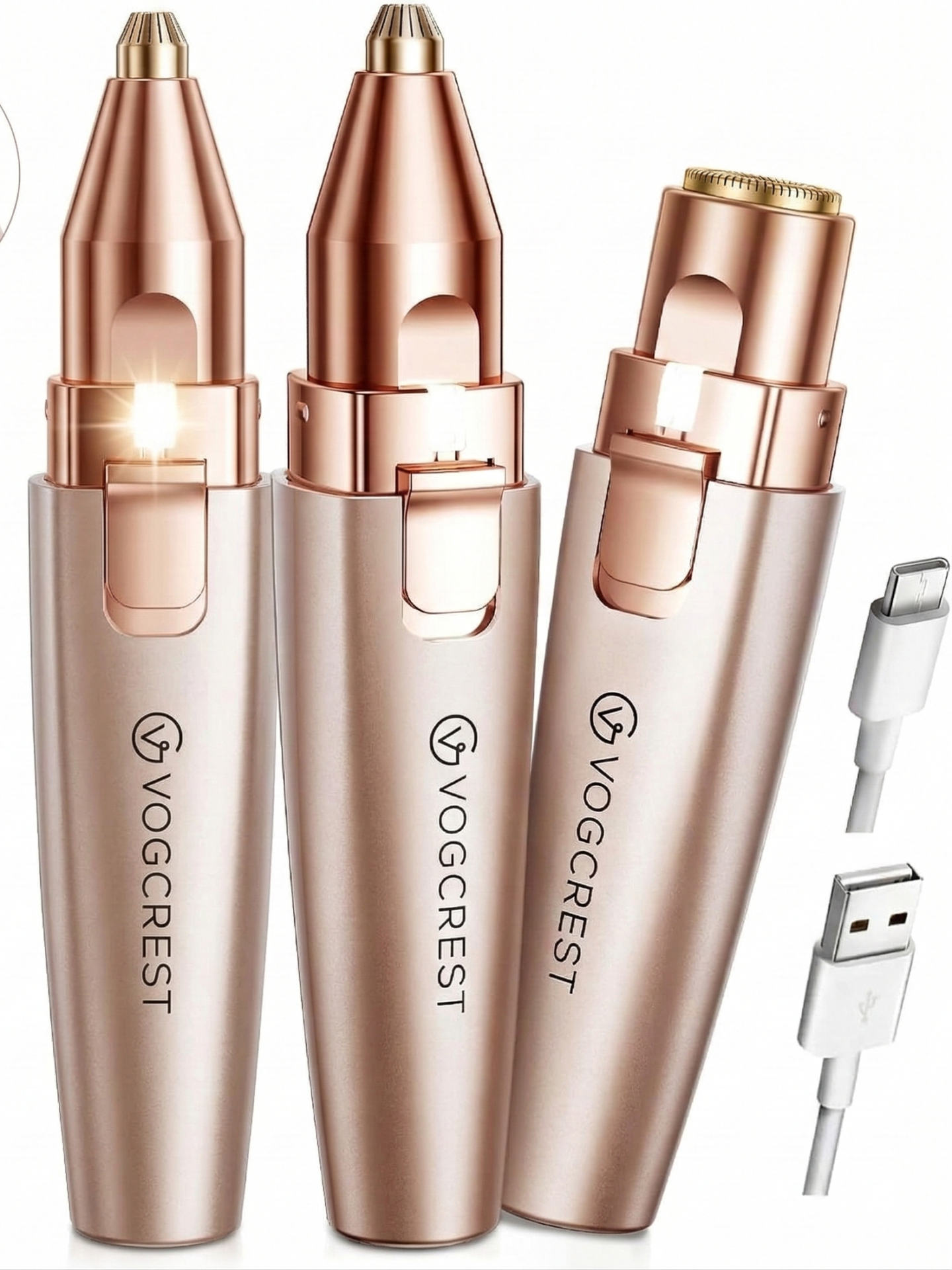 VG VOGCREST Eyebrow & Facial Trimmer: 2 in1 Rechargeable Facial Hair Removal & Eyebrow Shaver - Body Razor with Built-in LED Light (Rose Gold)
