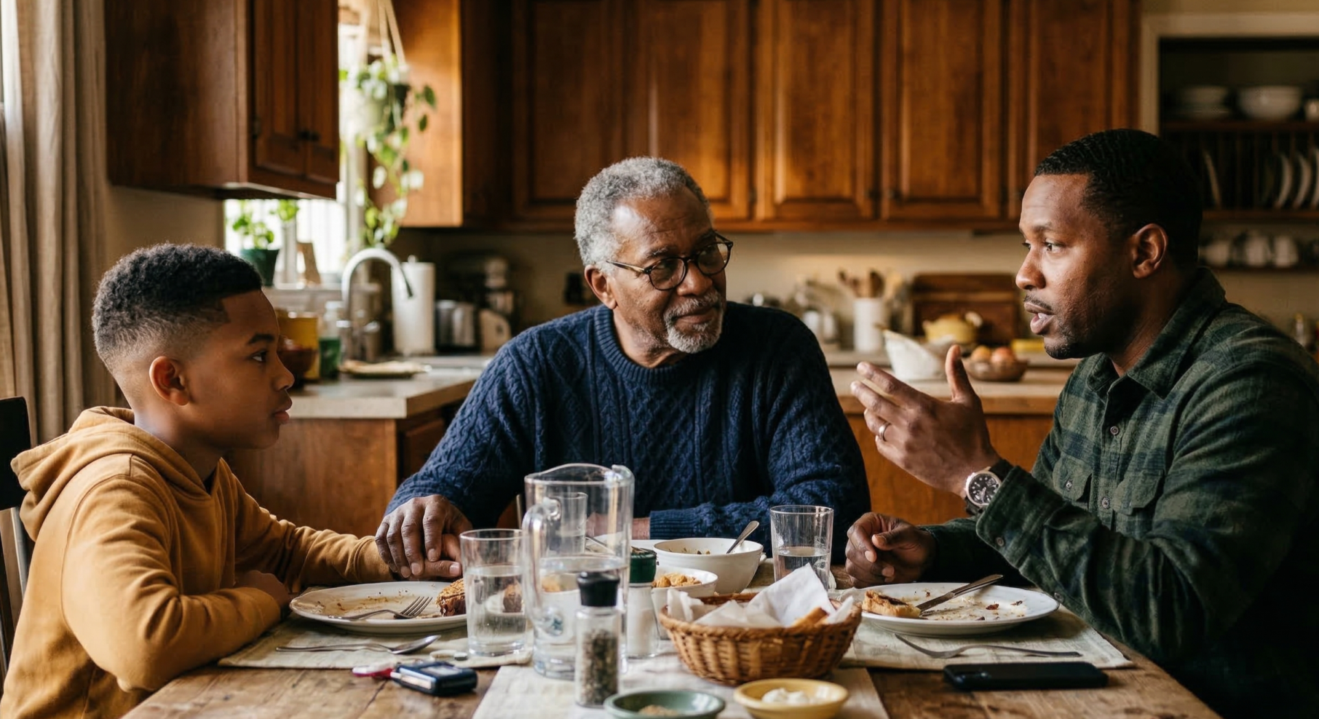 A sophisticated, candid portrait of three generations of Black men: a grandfather, a father, and a pre-teen son. They are seated together around a kitchen table laden with the remnants of a meal, engaged in serious yet connected conversation. The father is speaking, gesturing with his hand, while the son listens intently. The grandfather looks on with knowing approval. The lighting is warm and directional, creating defined shadows that highlight the strength and texture in their faces. This visual emphasizes lineage, legacy, and the passing of knowledge. (Shot on Leica M10, 50mm, natural indoor lighting).