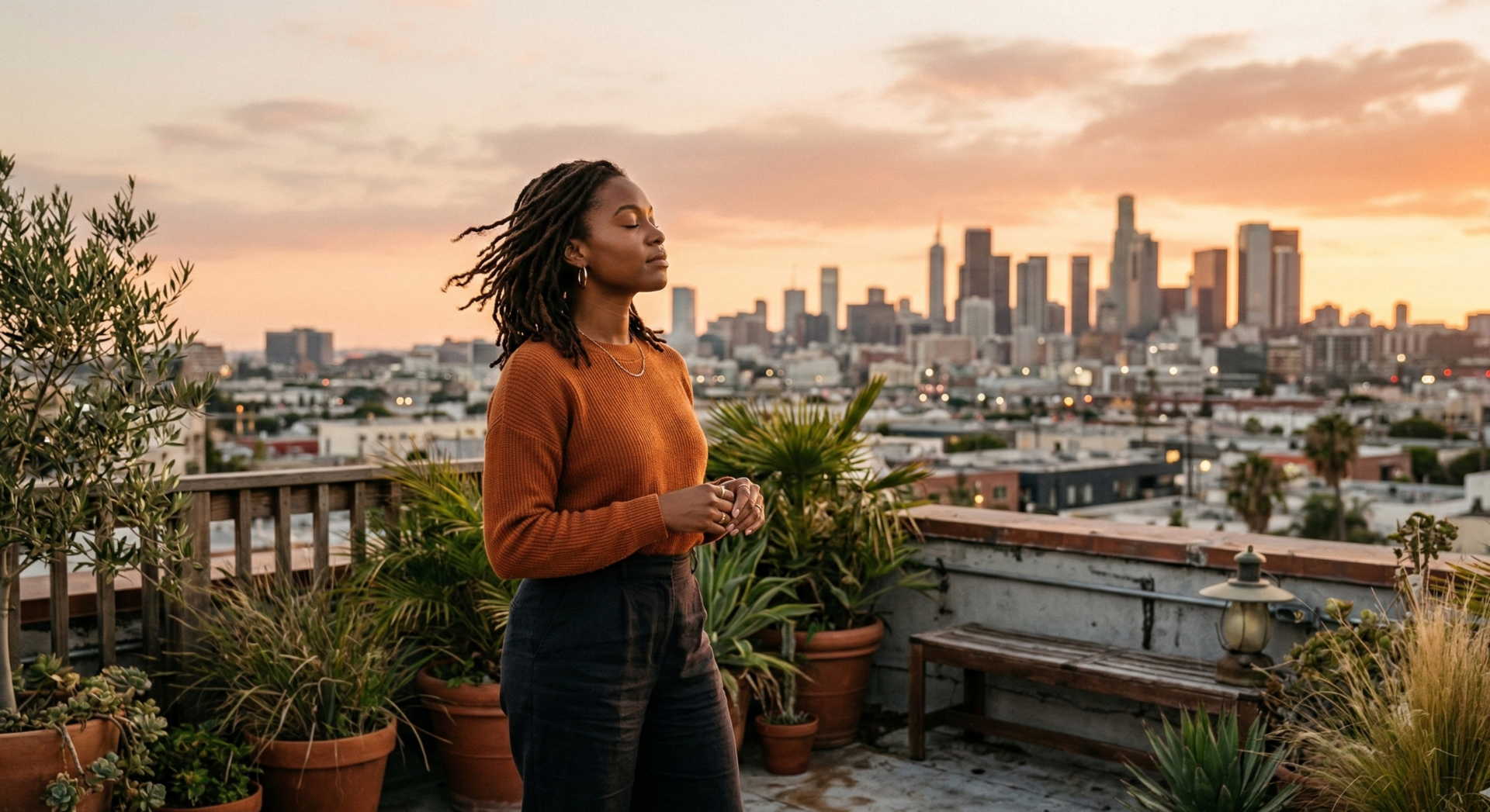 A cinematic, warm-toned landscape shot at golden hour of a confident Black woman in her late 20s standing alone on a serene urban rooftop overlooking a city skyline, eyes closed in quiet reflection, soft wind gently moving her locs, surrounded by subtle elements of calm like potted plants and a distant sunset glow, documentary-style with rich earth tones and a sense of empowered solitude.