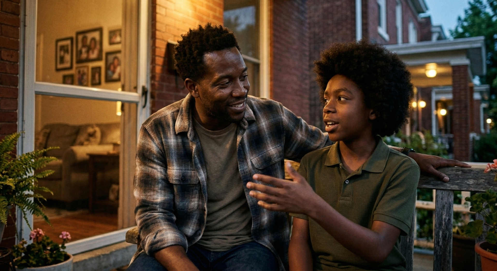 Warm intimate documentary-style close-up of a Black father and son on the front porch of a cozy brick home at dusk, the 12-year-old boy gesturing expressively with natural hand movements and animated facial expressions while speaking freely, father leaning in with a proud smile and attentive posture, soft golden porch light illuminating their faces, background details of family photos visible through the screen door and potted plants, emotional connection and quiet affirmation, cinematic natural lighting, rich warm tones.