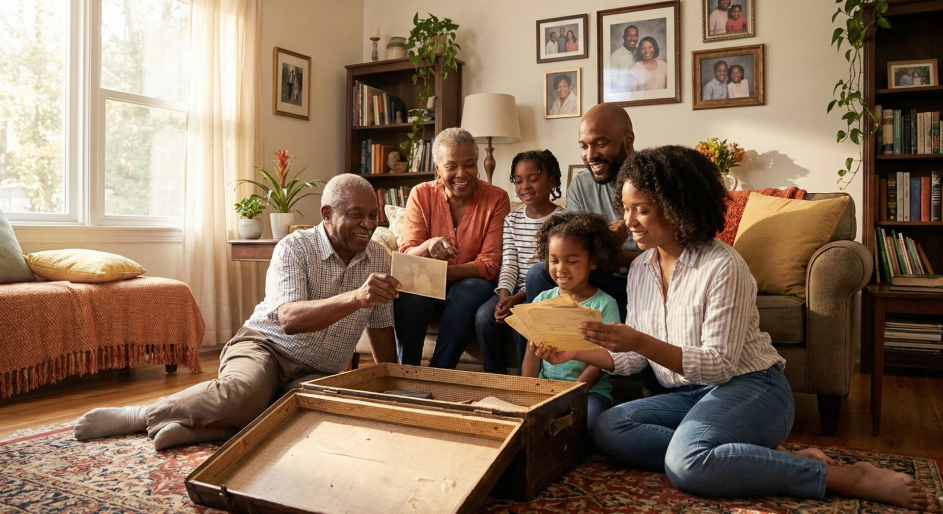 Community impact angle: Wide shot of a modern Black family gathered around an old trunk in a living room, pulling out yellowed letters and photos, expressions of wonder and pride on faces of elders and youth, natural window light illuminating the scene, cozy home setting with family photos on walls, conveying generational continuity and shared heritage in soft, heartfelt tones.