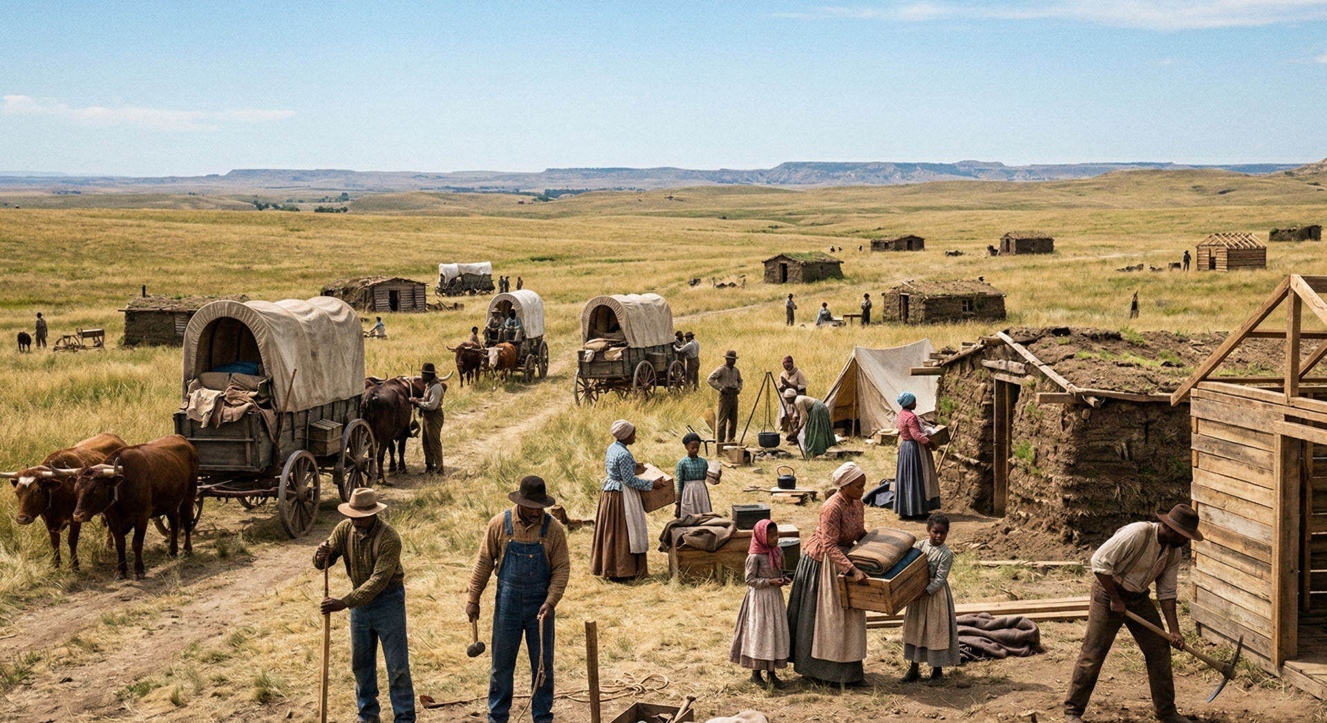 Dynamic scene of Black Exoduster families in 1870s clothing arriving and settling the Kansas plains. Covered wagons, men staking land claims, women and children unloading supplies near emerging sod or wooden structures. Vast open prairie landscape with distant horizon, bright midday sunlight, expressions of determination and hope. Cinematic wide shot, naturalistic tones, historical documentary aesthetic.