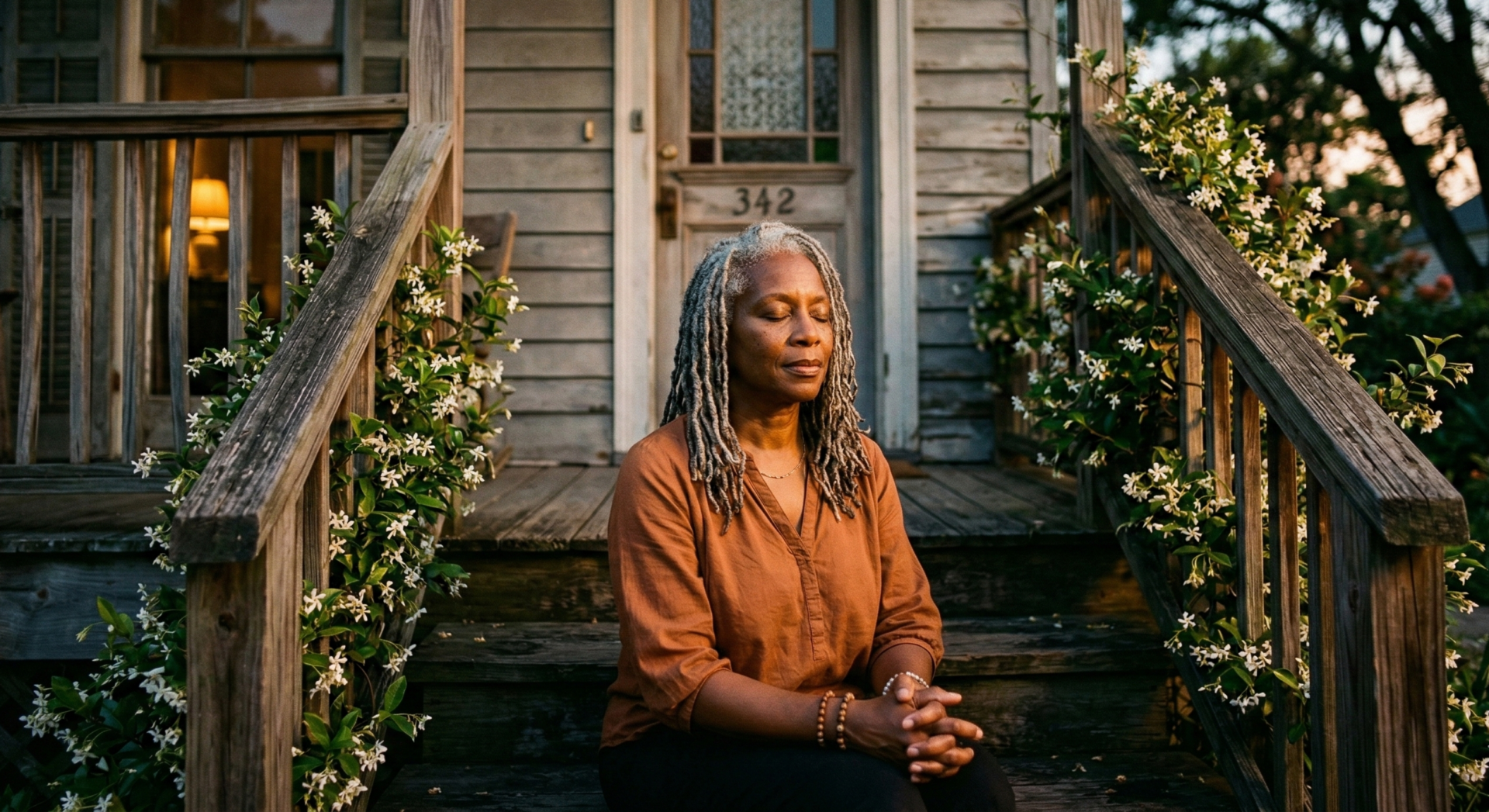 Documentary-style portrait of a middle-aged Black woman with silver-streaked locs sitting serenely on the wooden steps of a historic Southern shotgun house at twilight, eyes closed in restful contemplation, hands folded in lap. Warm fading sunset light bathes her in golden hues against weathered clapboard and blooming jasmine vines, conveying generational strength and ancestral pause. Intimate framing, natural textures, soft bokeh background, cinematic and grounded tone.