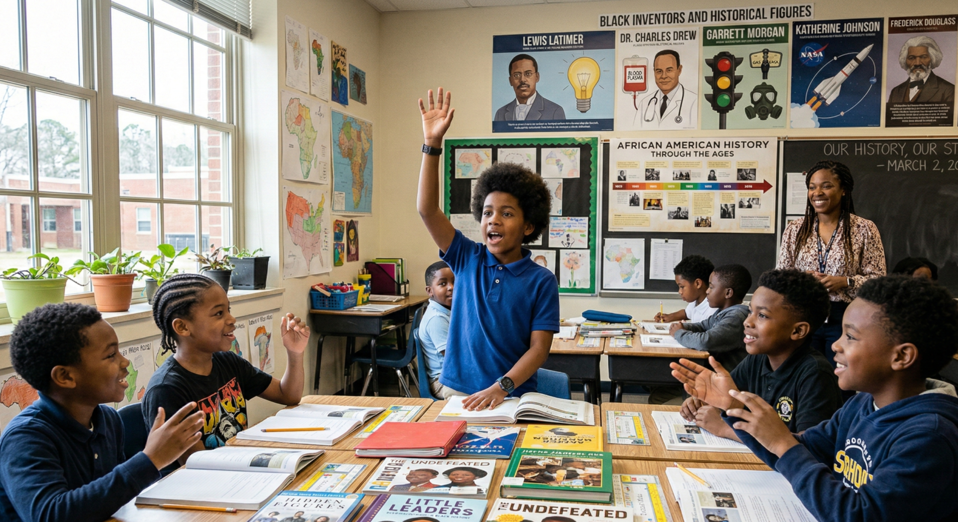 Empowering educational scene in a sunlit classroom: a group of young Black boys (ages 8-11) seated at desks with natural hairstyles and expressive energy, one boy confidently raising his hand while speaking in animated tones, teacher smiling supportively in the background, walls lined with posters of Black inventors and historical figures plus open books on African American history scattered on tables, bright natural window light, vibrant yet focused atmosphere, realistic documentary photography style.