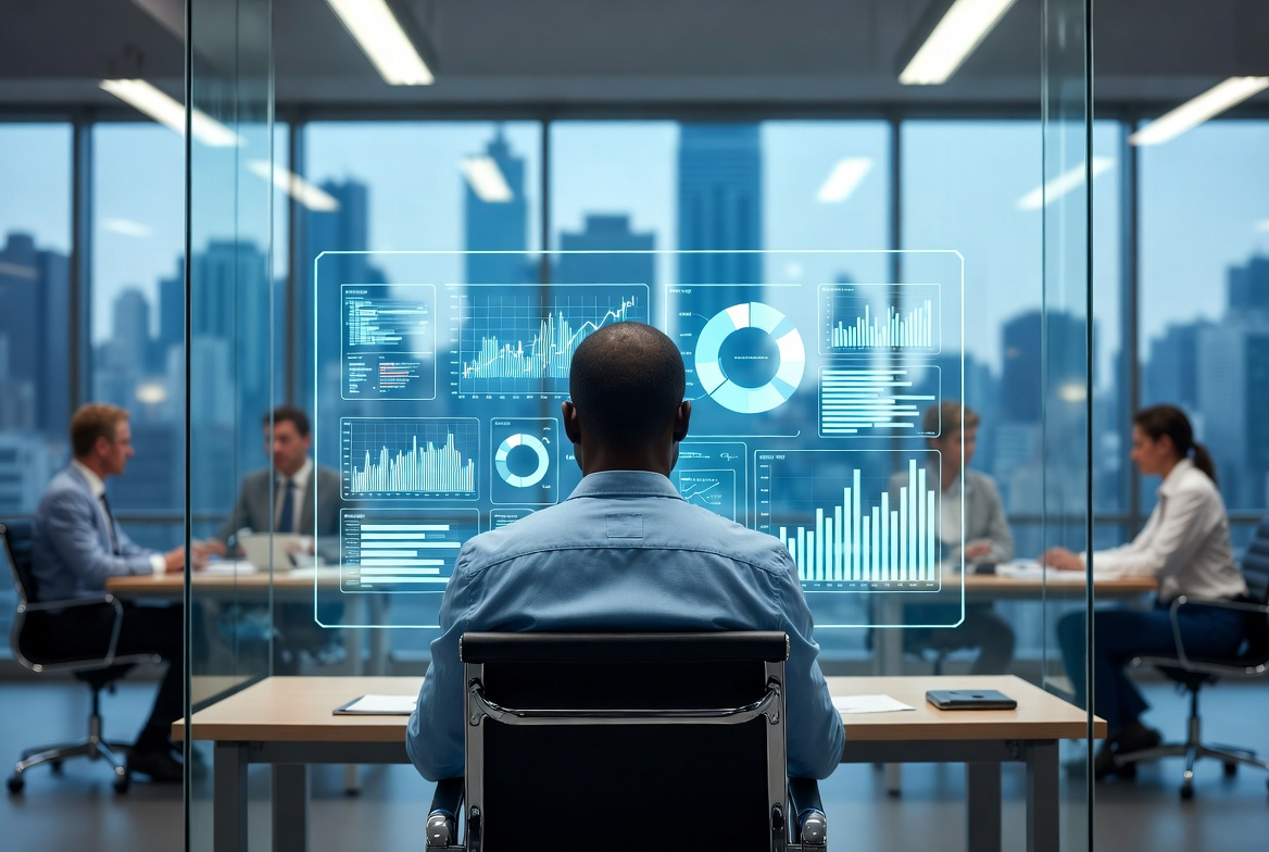 A professional business angle showing a Black entrepreneur in a modern boardroom, reviewing charts on a digital screen with a team in the background, conveying strategic focus and achievement; the setting includes glass walls overlooking a cityscape, with cool blue tones dominating the color mood for a sense of corporate ambition; composition is mid-shot, framing the central figure at a desk with subtle motion blur on colleagues to suggest ongoing progress; lighting is crisp and professional from overhead sources; style is studio-like, polished and motivational.