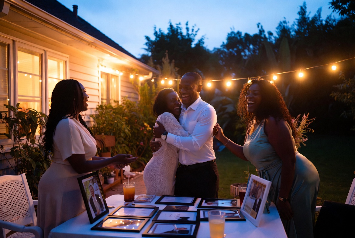 A lifestyle perspective of a Black family celebrating a personal milestone in a cozy home garden during dusk, with laughter and embraces around a table set with everyday achievements like diplomas or awards; the environment blends indoor warmth spilling out to outdoor greenery, creating a grounded, relatable vibe; camera framing is intimate close-up on faces and hands for emotional connection; lighting is golden-hour soft with string lights adding a magical touch; tone is heartfelt and serene; style is candid and narrative, evoking real-life triumph and community bonds.