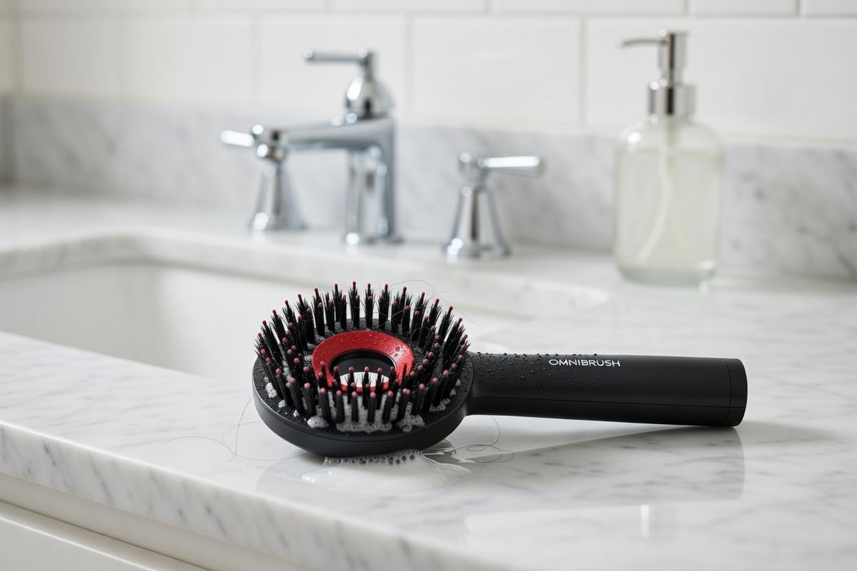 Alt: "Glowing 630nm red LEDs on Glokore Electric Scalp Massager targeting dormant follicles for faster natural hair growth"