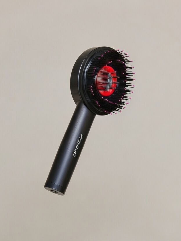Alt: "Handheld Glokore electric scalp massager with active red LED therapy lights for stimulating hair follicles and reducing thinning"