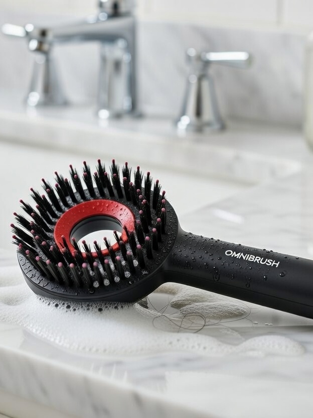 Alt: "Black female using Glokore Electric Red Light Therapy Scalp Massager on scalp in bathroom for deep massage and red light hair growth treatment"