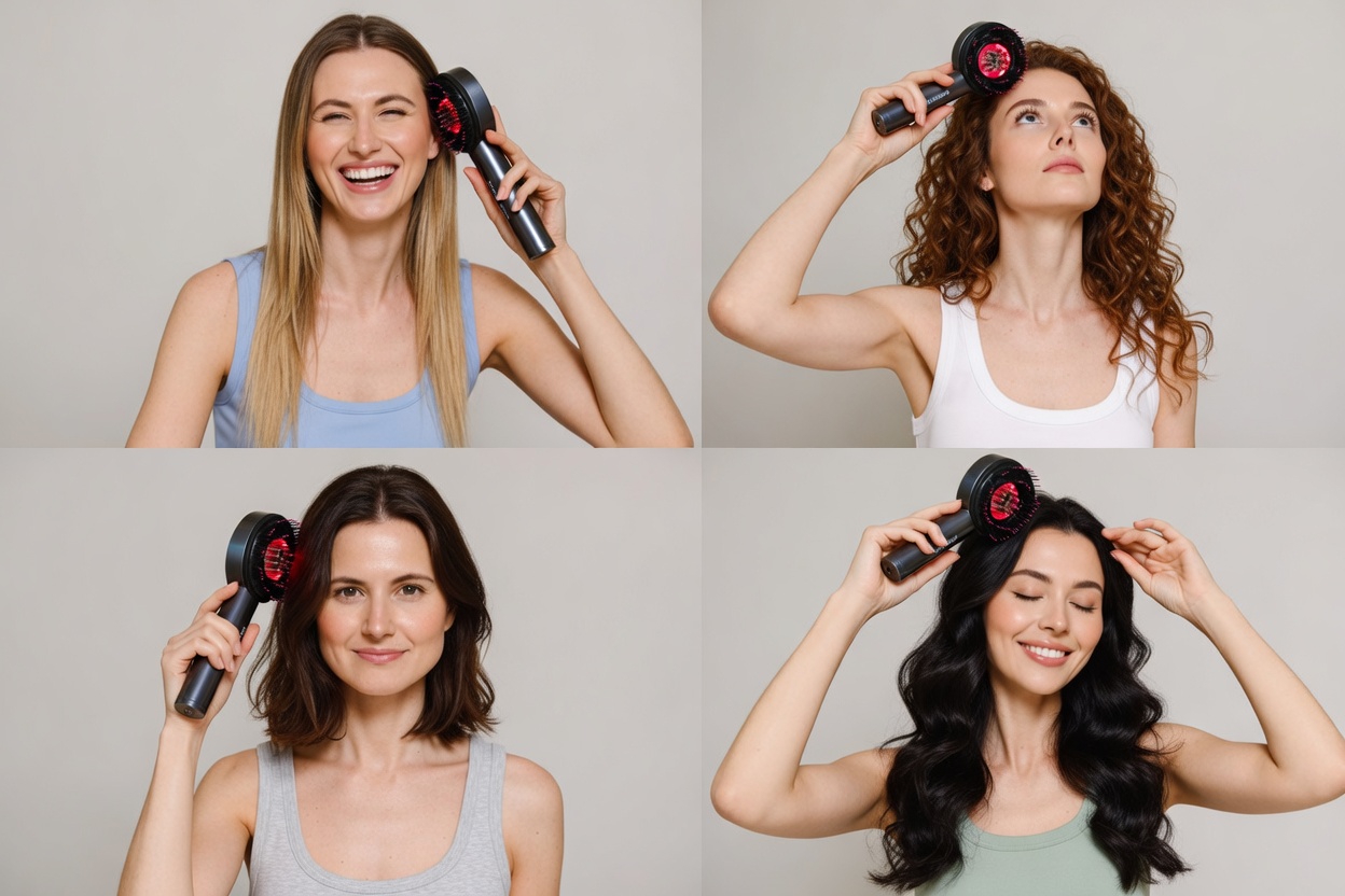 Alt: "Waterproof Glokore LED scalp massager used in shower on wet hair for relaxing vibration massage and red light therapy benefits"