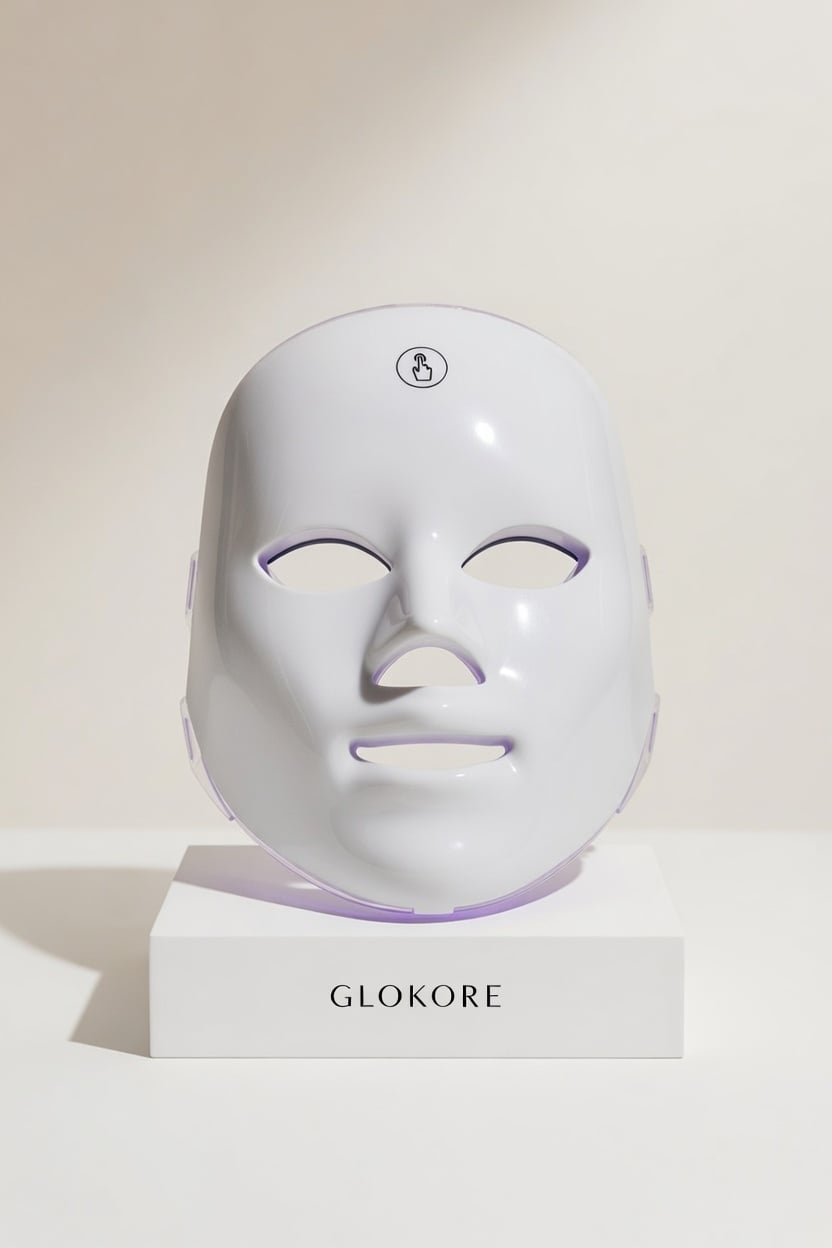 The GLOKORE mask stands clean and sharp on a spotless white pedestal, with an off-white background and a soft gradient — calm, trustworthy, and premium.